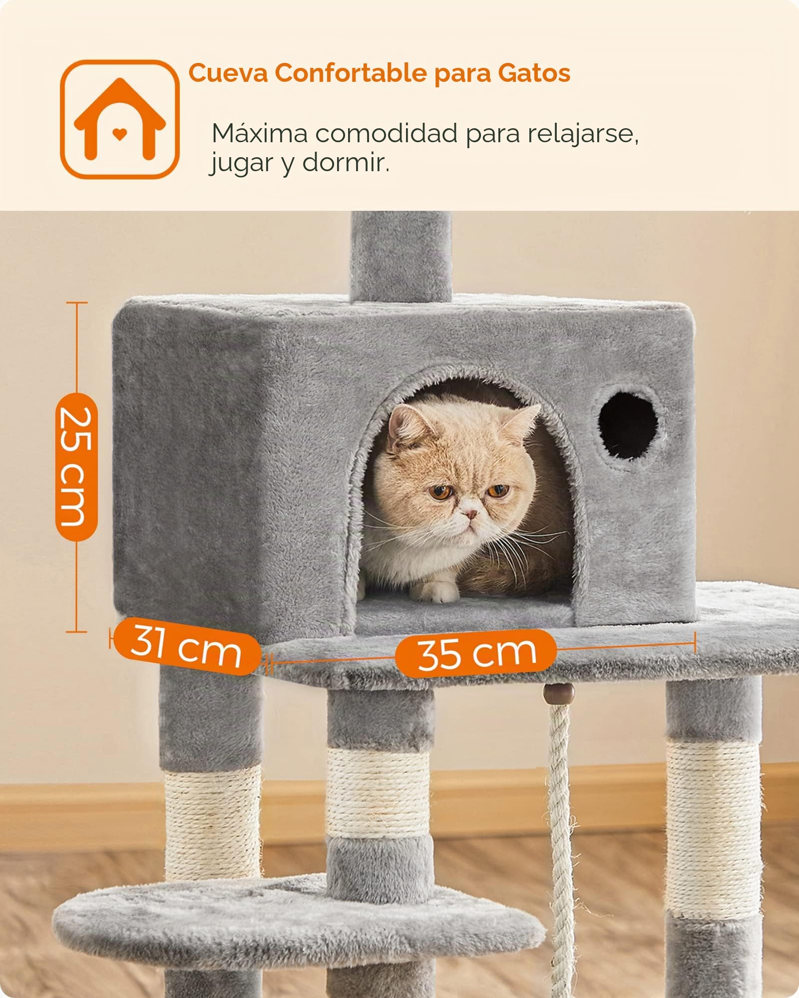 Feandrea Árbol para Gatos de Altura 143 cm, Torre para Gatos, con 11 Postes Rascadores, 2 Plataformas, 1 Cueva, 1 Hamaca, 2 Pompones, Tela de Felpa, Multinivel, Gris Claro PCT15W