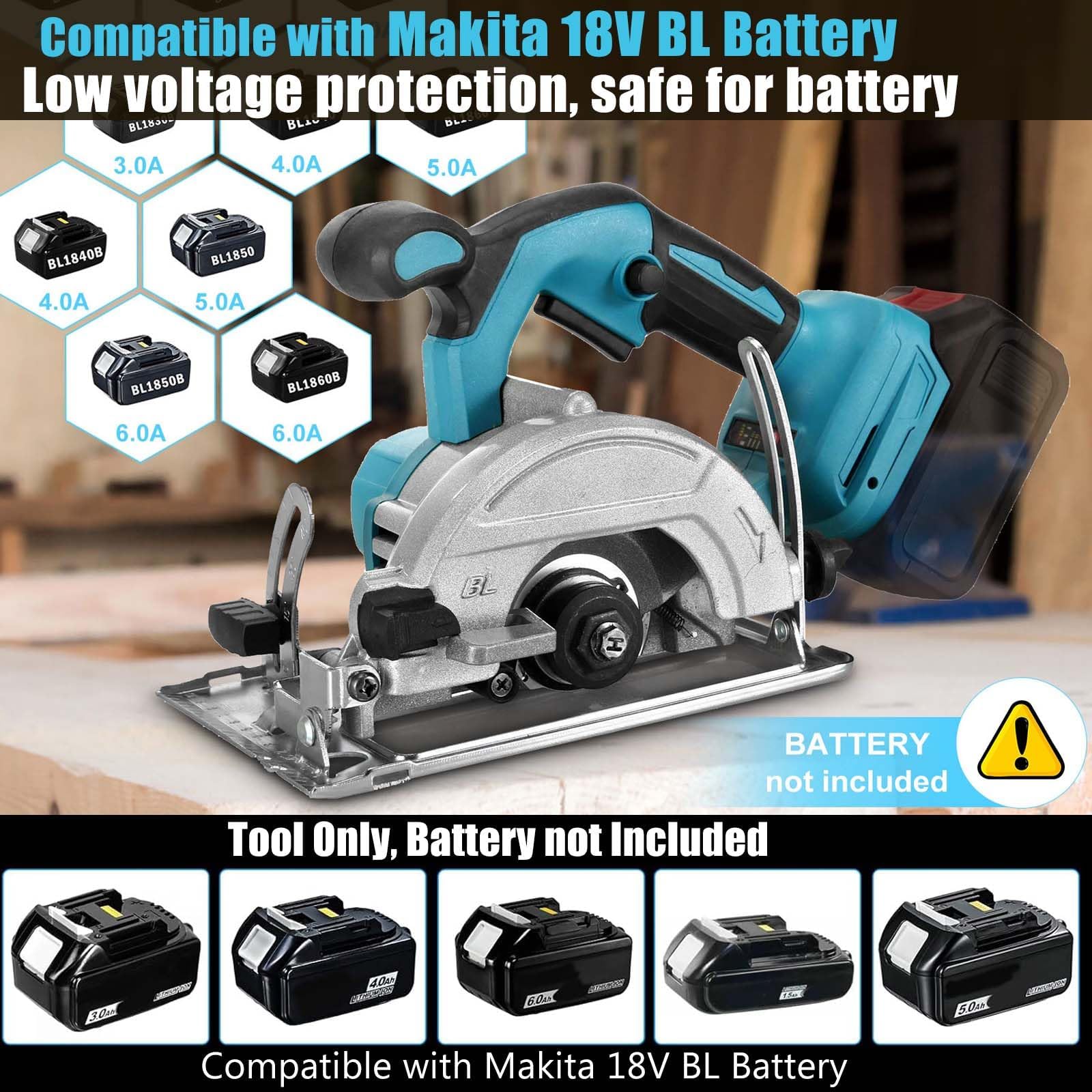 Sierra Circular Inalámbrica Compatible con Makita 18V Batería | con 3 Hojas de Sierra, Motor Sin Escobillas, Bisel de 0-45°, Profundidad 40mm, Cortar Madera Metal Blando