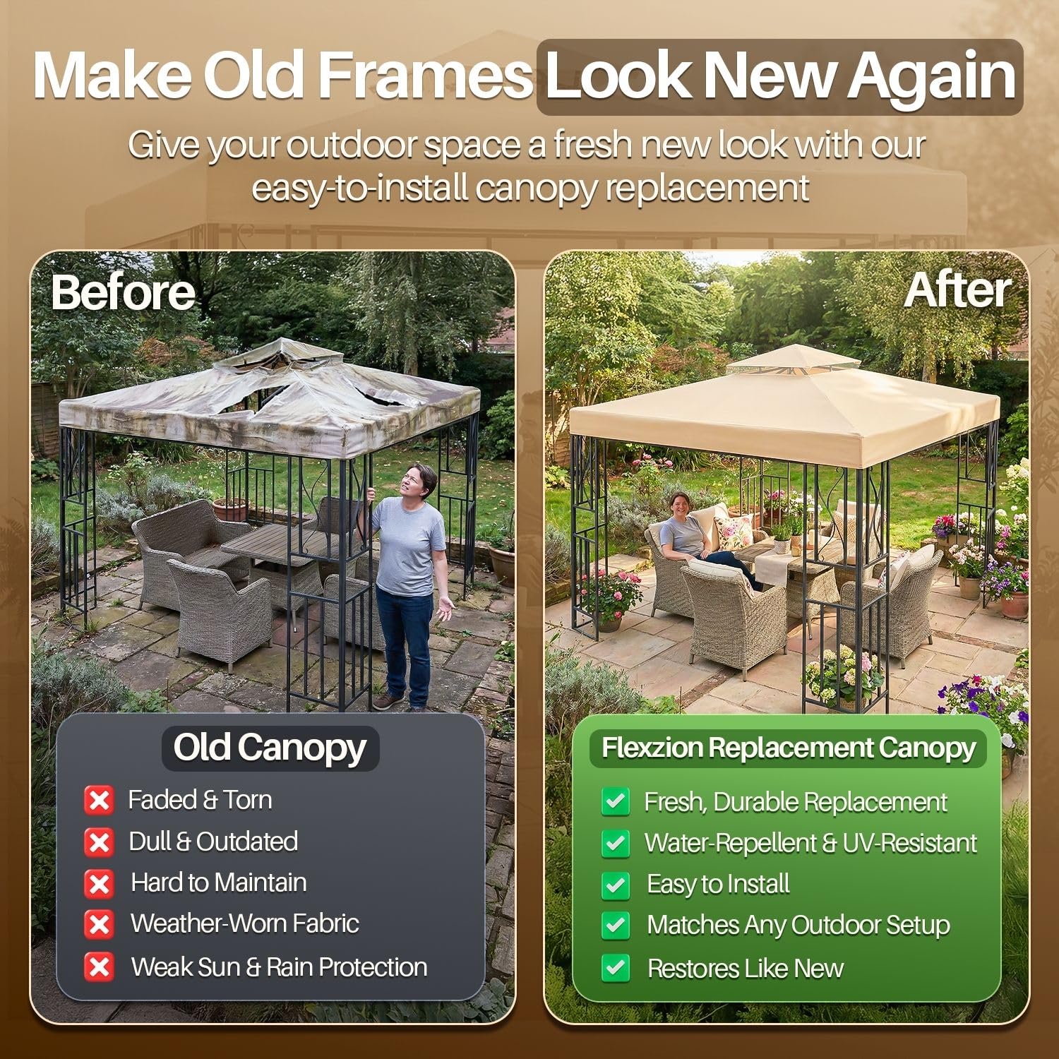 Flexzion Copertura di ricambio impermeabile per gazebo, 12 x 12 (3,6 m x 3,6 m), copertura per gazebo da esterno, doppio strato UV30, per tettoie, giardino, patio, tenda da cortile (beige)