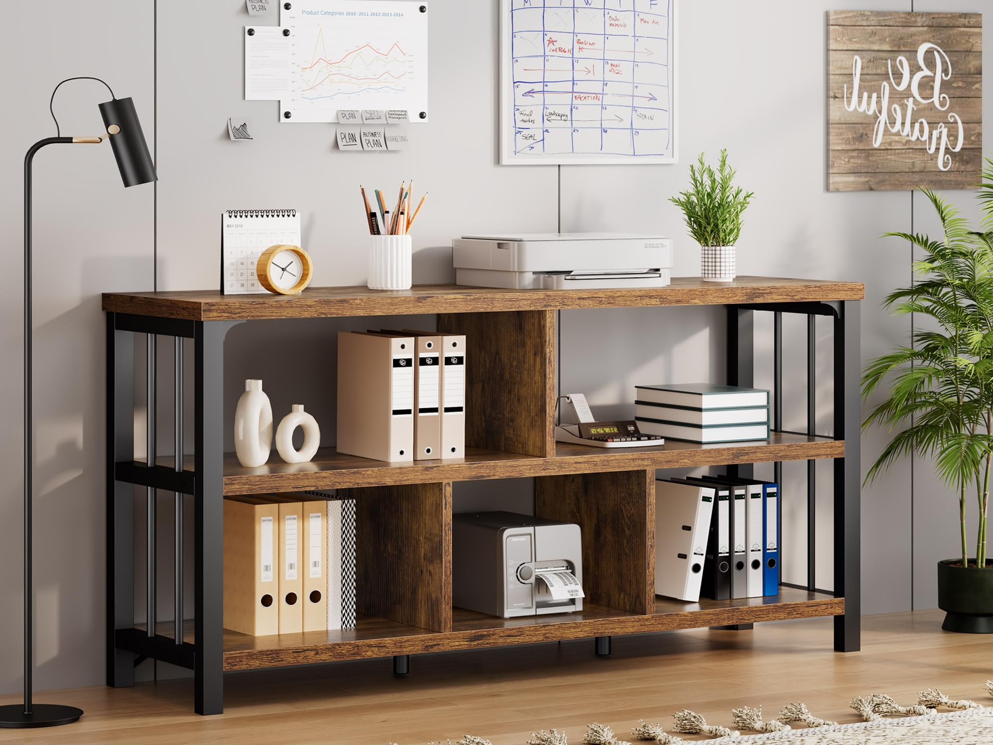 IBF Bücherregal 140 cm Wohnzimmerregal Standregal mit 5 Fächern Würfelregal als Büroregal aus Holz und Metall modernes Regal für Schlafzimmer in Rustikalem Braun
