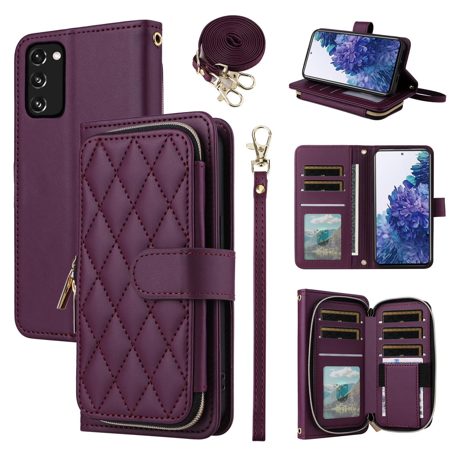 Wallet Case for Samsung Galaxy S20 FE 5G 6.5 inch with Wrist Strap, 9+ Card Slots Zipper Purse, PU Leather Stand Phone Cover for S 20 EF UW S20FE5G S20FE 20S S2O Fan Edition 4G G5 Deep Purple