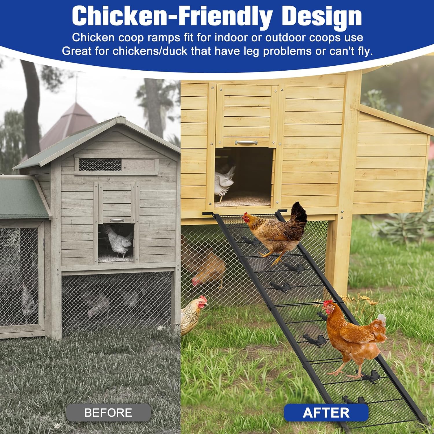 Chicken Coop Ramp 52.5''L, Ladder Length Adjustable for Henhouse, Heavy Duty Metal Coop Steps for Feet Problem or Cannot Fly Chickens, Waterproof, Non-Slip, Rustproof, Sturdy and Easy to Clean