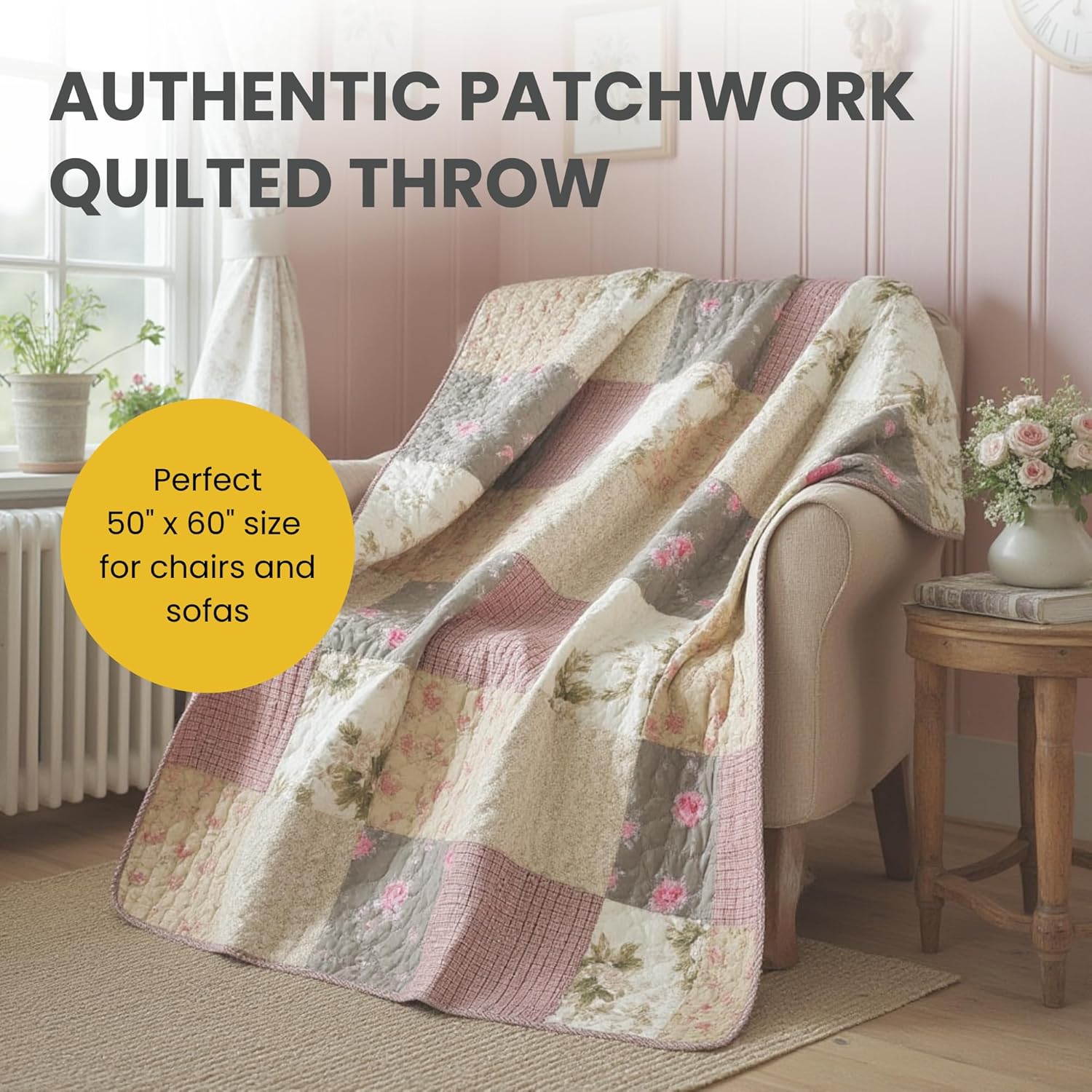 SLPR Cotton Quilted Throw Blanket, 50" x 60" Floral Farmhouse Patchwork Quilt, Shabby Chic Patchwork Throw Lap Quilt for Couch, Secret Garden - Image 2
