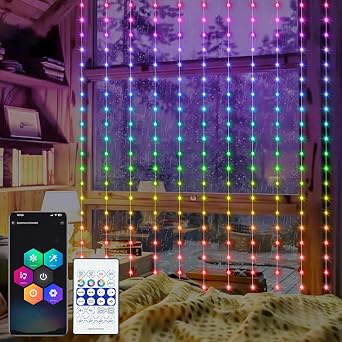 echosari Smart Curtain Lights 6.6 x 9.8Ft 16 Million Colors Changing 300 LED Fairy Curtain Lights DIY Functions with Remote APP Hanging Light for Patio Bedroom Decor