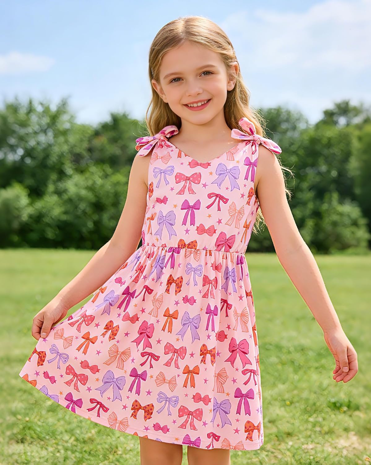 Enlifety 3-10T Girls Summer Dress Sleeveless Bowknot Strap V Neck Casual Sundress - Image 2