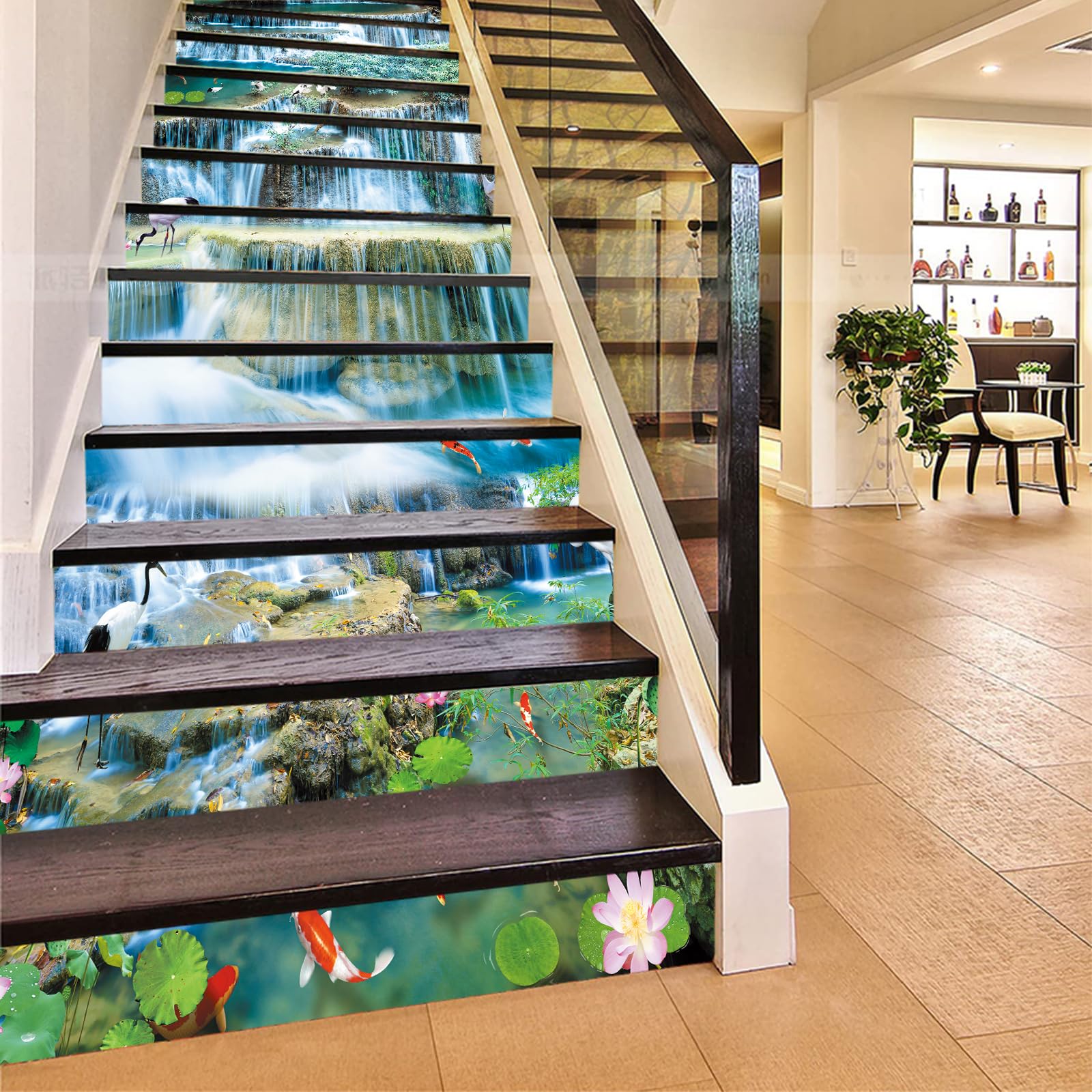 Flfk G1321 13Pcs Stair Risers Stickers Peel And Sick 39.37"X7.08",Self-Adhesive Staircase Stickers Decals, Lotus Fish Rocks Mural Wallpaper For Stair Steps