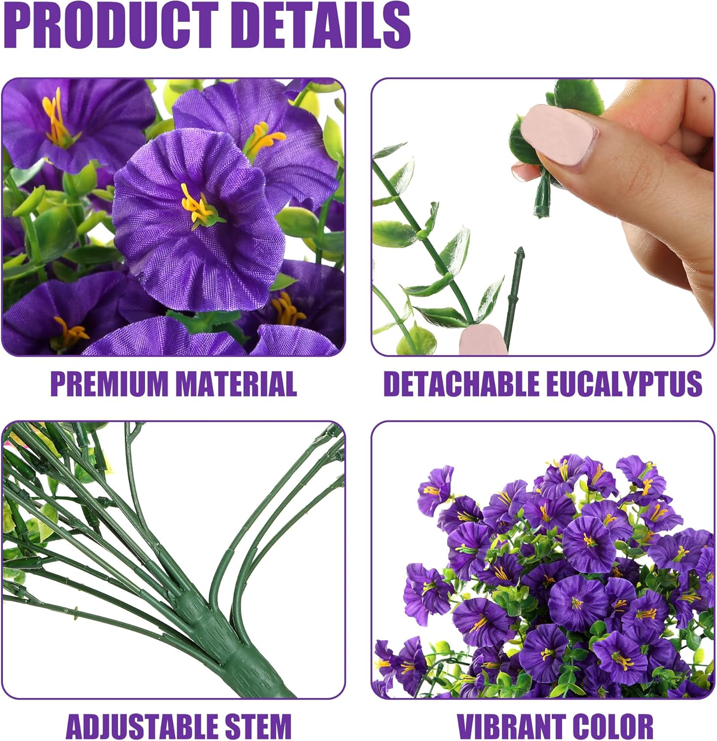 Sggvecsy Artificial Fake Hanging Flowers Plants for Outdoor Outside Spring Summer Decoration 2PCS Faux Silk UV Resistant Realistic Morning Glory with Eucalyptus for Home Porch Patio Balcony(Purple) - Image 6