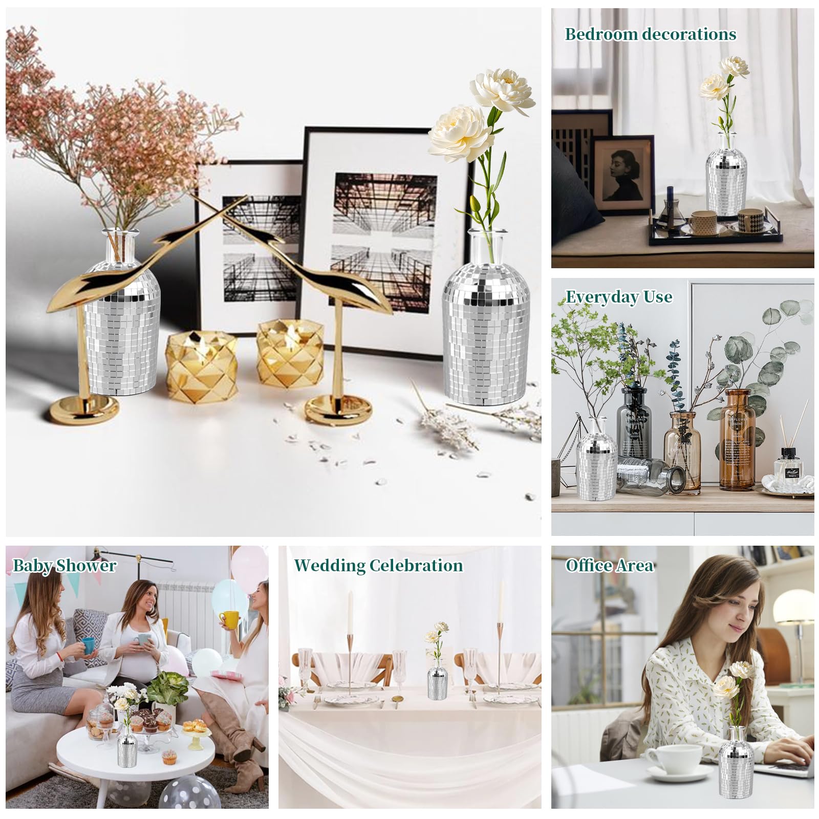 Discokugel-Mini-Vase, 12,7 cm, silberfarben, spiegelnd, kleine Glas-Pflanzgefäß, Discokugel-Vase für Zuhause, Schlafzimmer, Küche, Büro, Innen- und Außenbereich, Hochzeit, Geburtstag