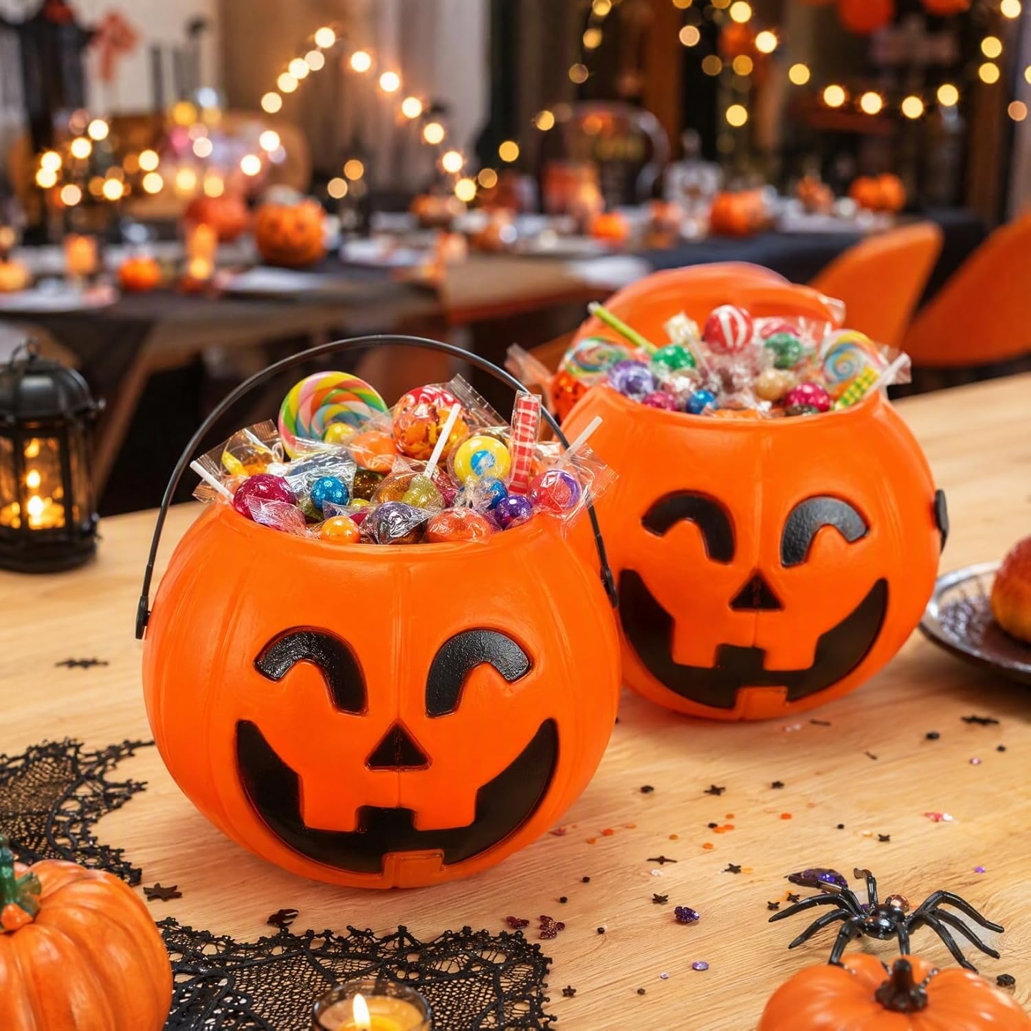 2 Pack Halloween Pumpkin Buckets: 6.7 in Mini Halloween Portable Pumpkin Bucket - Trick or Treat Candy Pail Holder for Candy Party Favor,Decoration Props (Plastic)