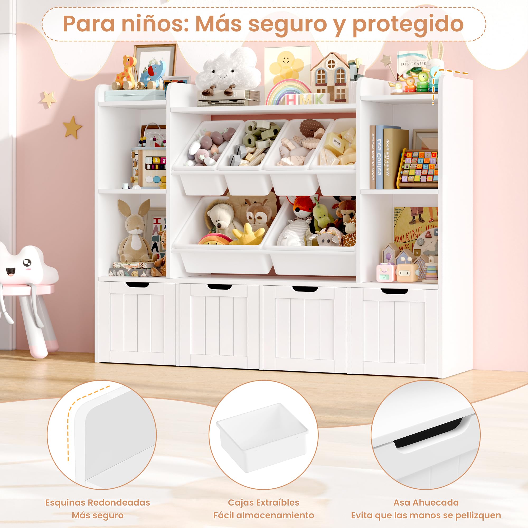 FOREHILL Mueble Organizador Juguetes, Mueble Almacenaje Juguetes, Estanteria Montessori, Organizador de Juguetes Infantil, Estanteria Infantil, 4 Cajones con Ruedas, 6 Cajas, Blanco, 140x30x106cm