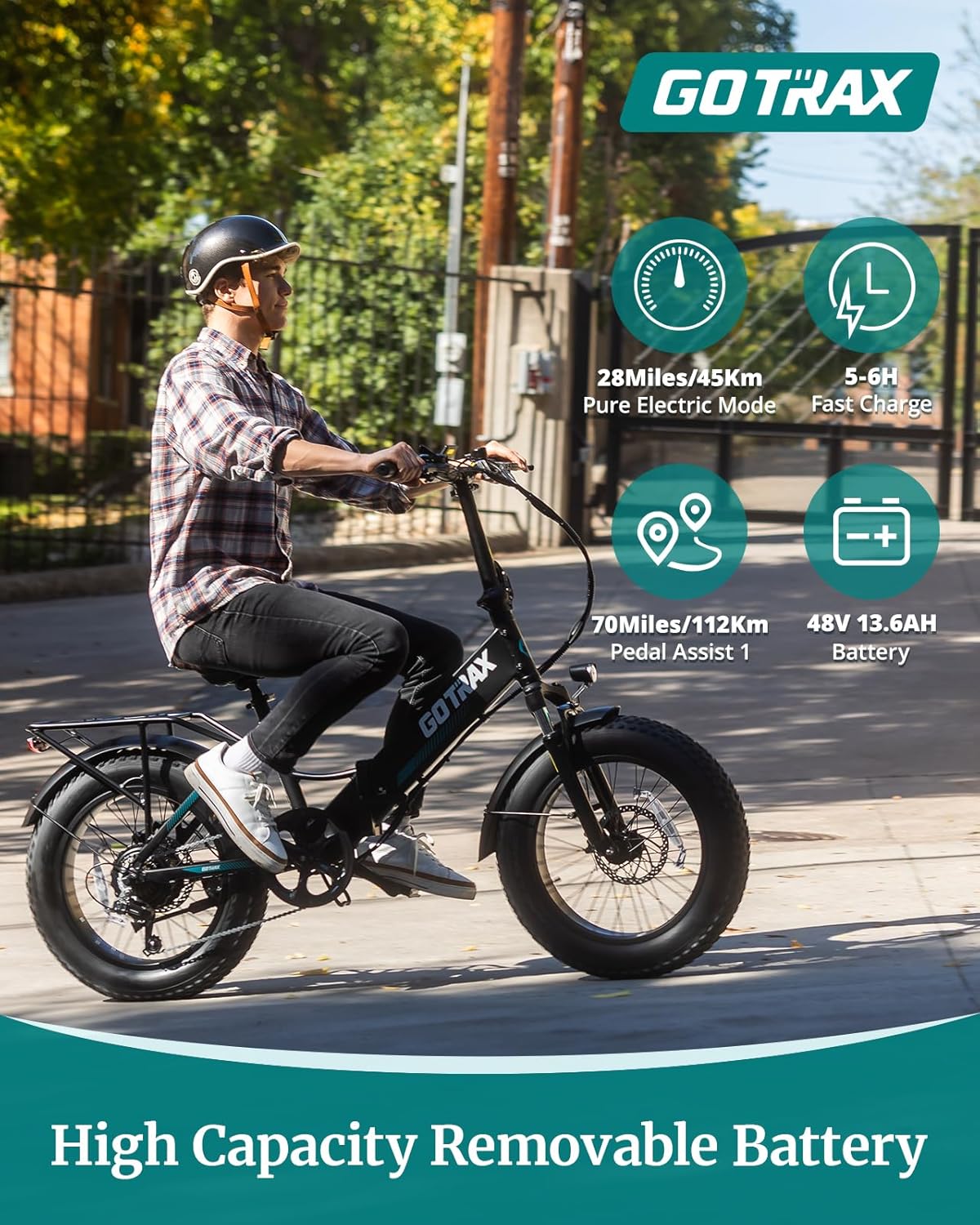 Gotrax R3 Electric Bike highlighting the high-capacity removable 48V 13.6AH battery and its range.