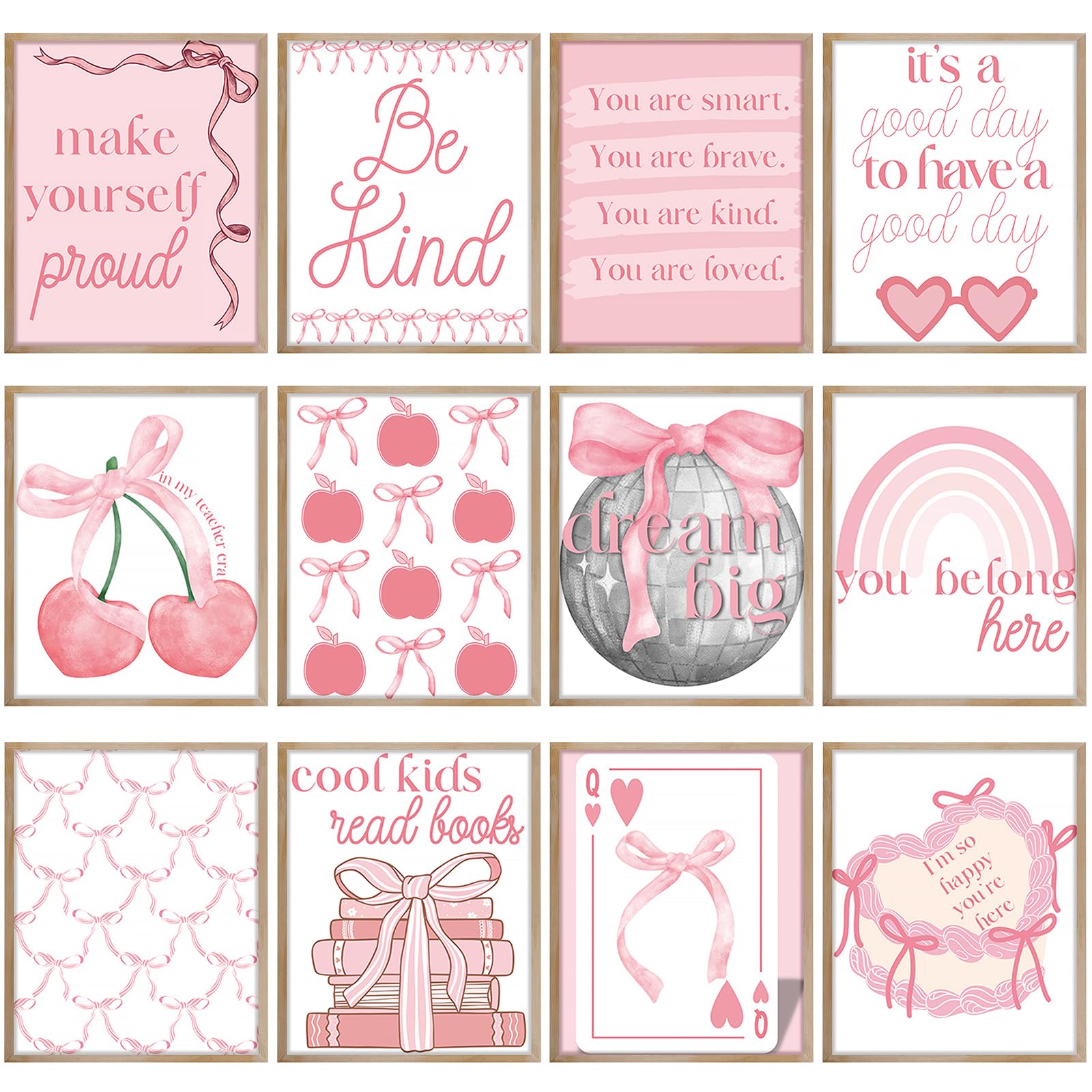 Humyoun Set of 12 Coquette Pink Bow Motivational Growth Mindset Posters Motivational Posters with Positive Quotes to Inspire Young Minds for Classroom