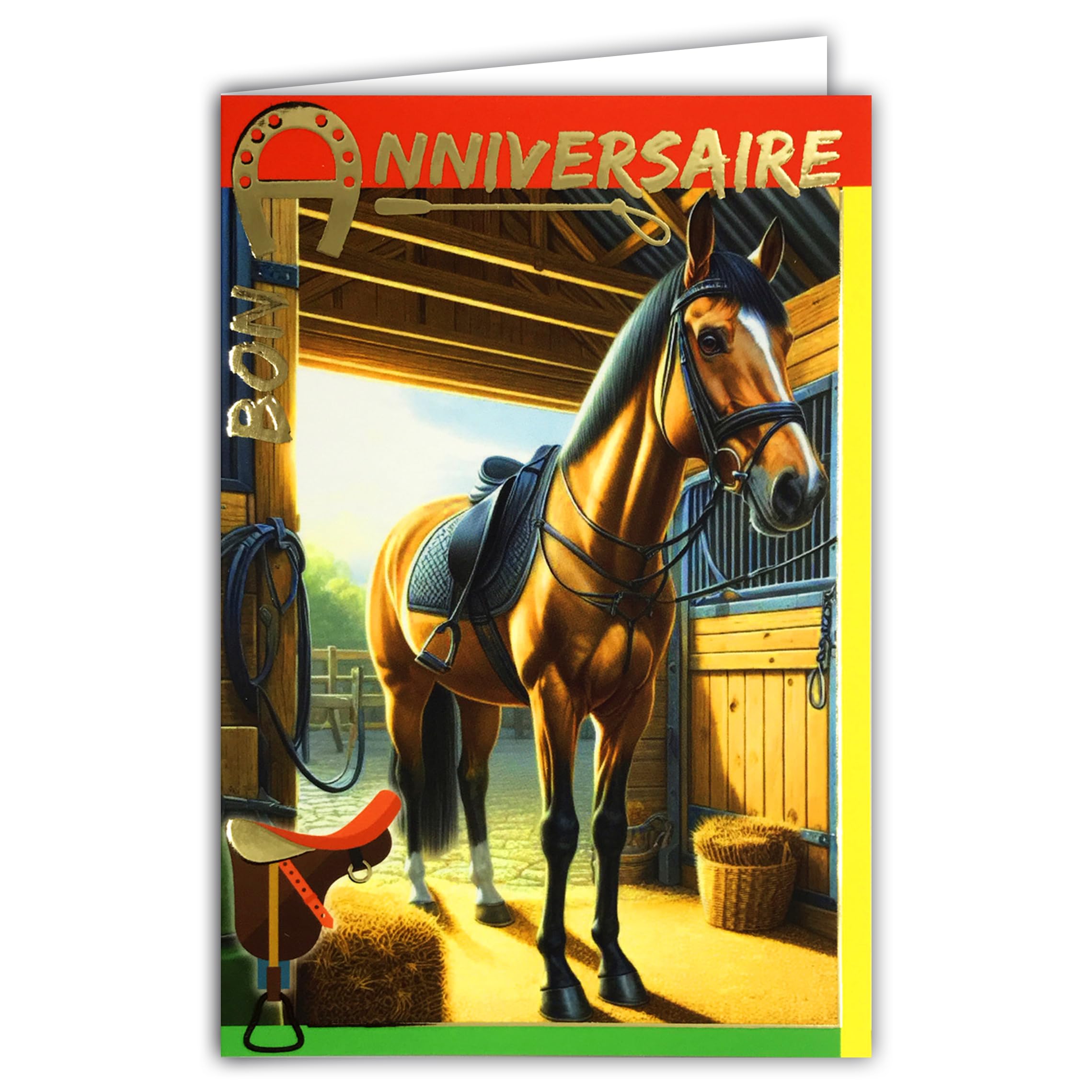 67-1278 Happy Birthday Card Lucky Horseshoe in Shiny Gold and Envelope 12 x 17.5 cm Horse Riding Horse Club Equestrian Stallion Mare Foal Pony Stable Box Saddle Whip