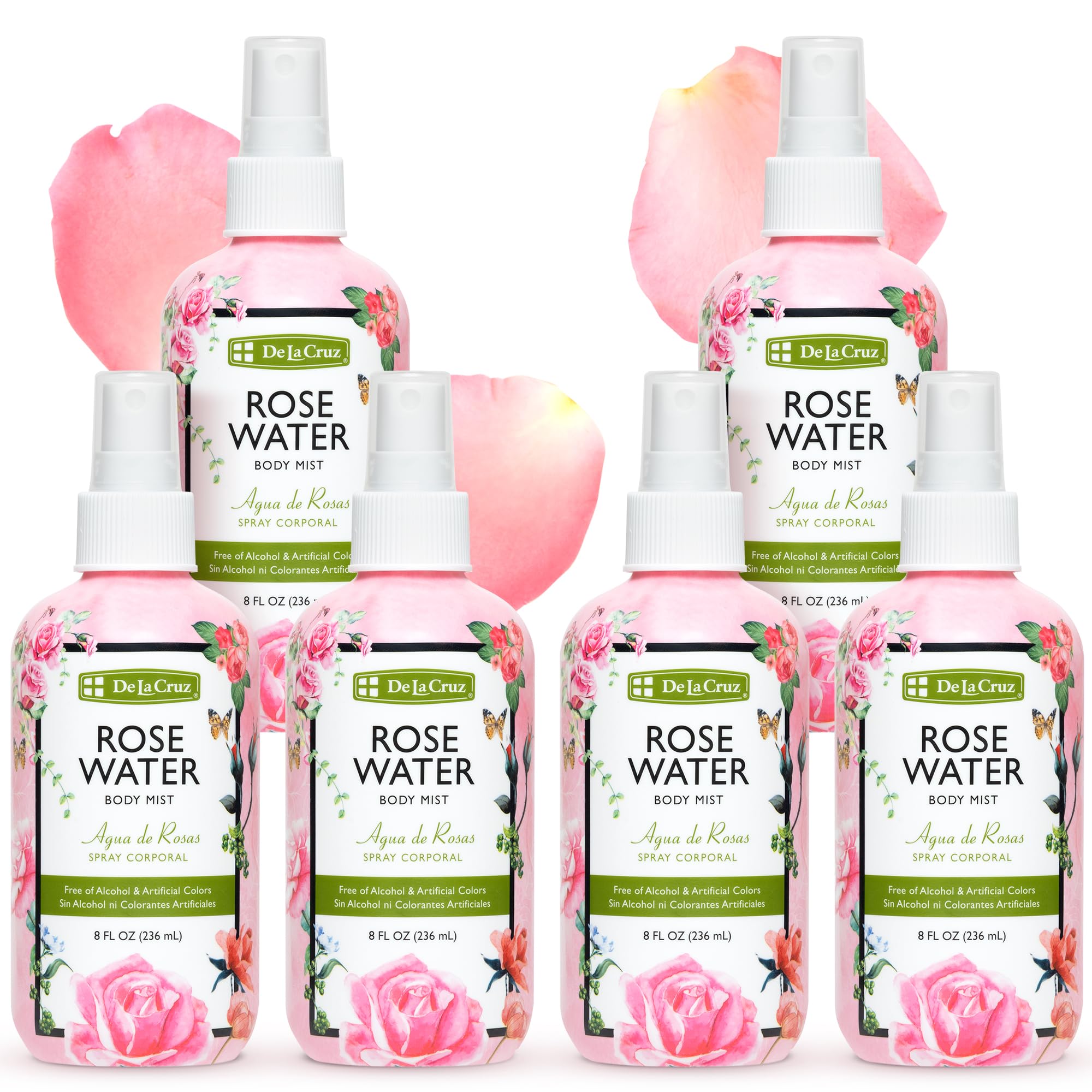 De La Cruz Rose Water Spray, No Parabens or Artificial Colors, Vegan, Made in USA 8 FL. OZ. (6 Bottles)