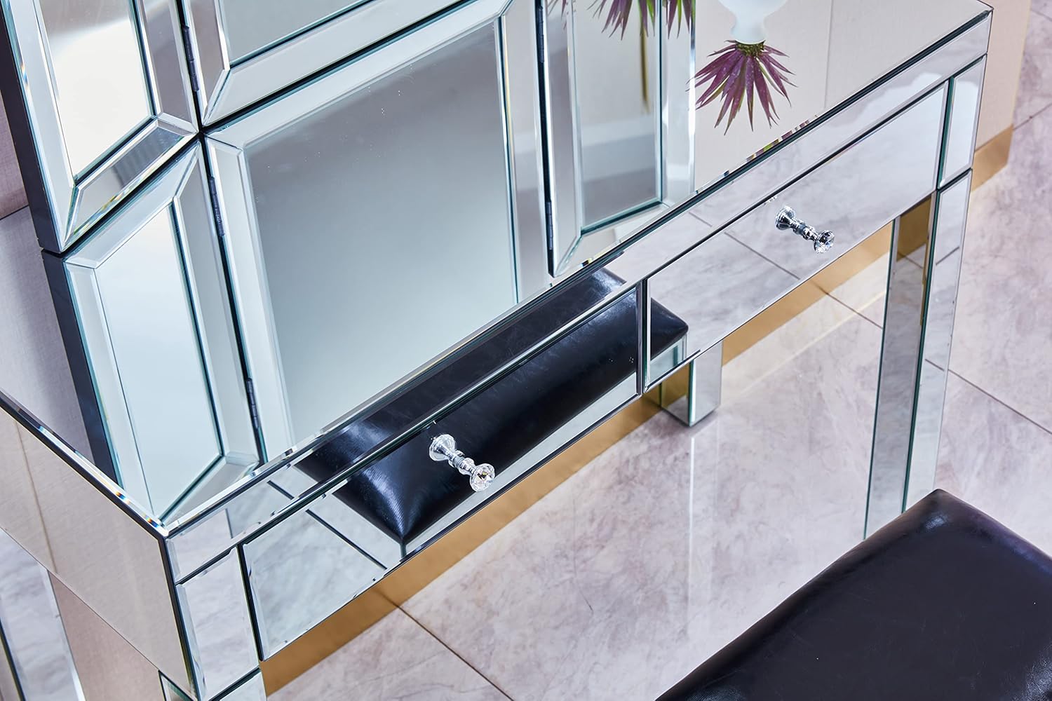 39.4‘’Silver Mirrored Desk Vanity Set Makeup Table,MDF Silver Dressing Table with 2 Drawer Vanity Desk for Women Girls Home Office,Living Room, Office, Den (Mirrored Desk)