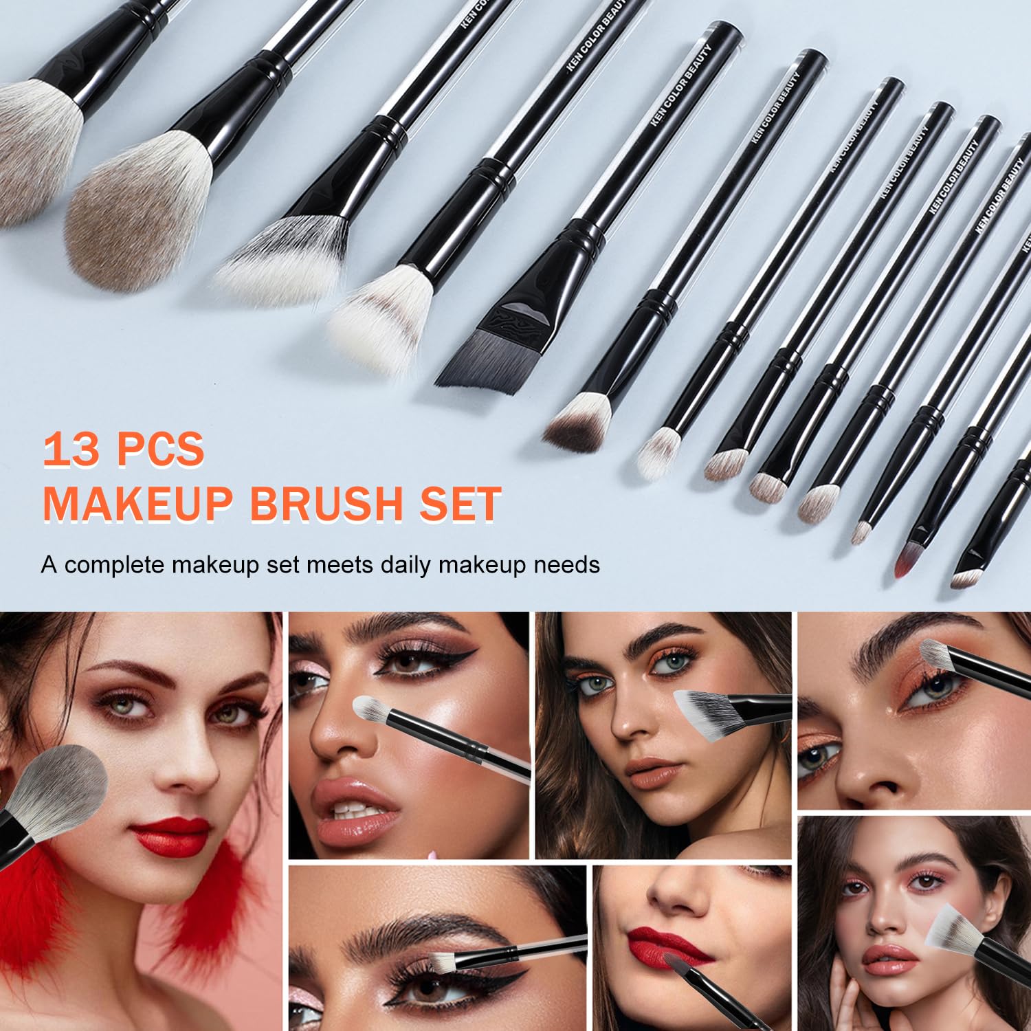 KENCOLOR Premium - Juego de brochas de maquillaje de 13 piezas con bolsa de viaje de poliuretano, mango acrílico de alta gama, cerdas sintéticas suaves y naturales, densas y no absorbentes, para una