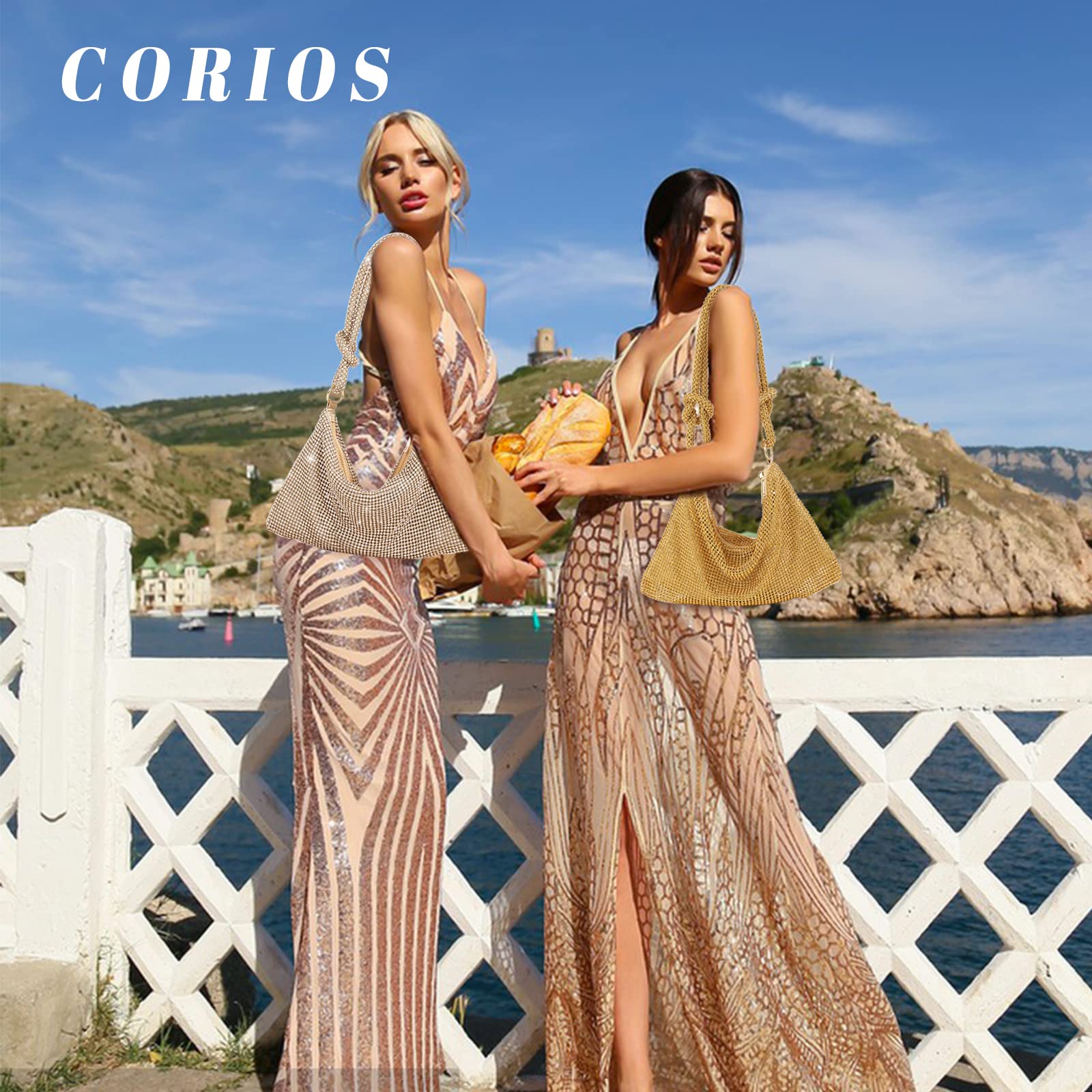 CORIOS Abendtasche Damen Strass Clutch Bag Shiny Diamant Handtasche Strasssteine Schultertasche Glitzer Umhängetasche Klein Tasche für Hochzeit Abschlussball Bankett-Party Gold
