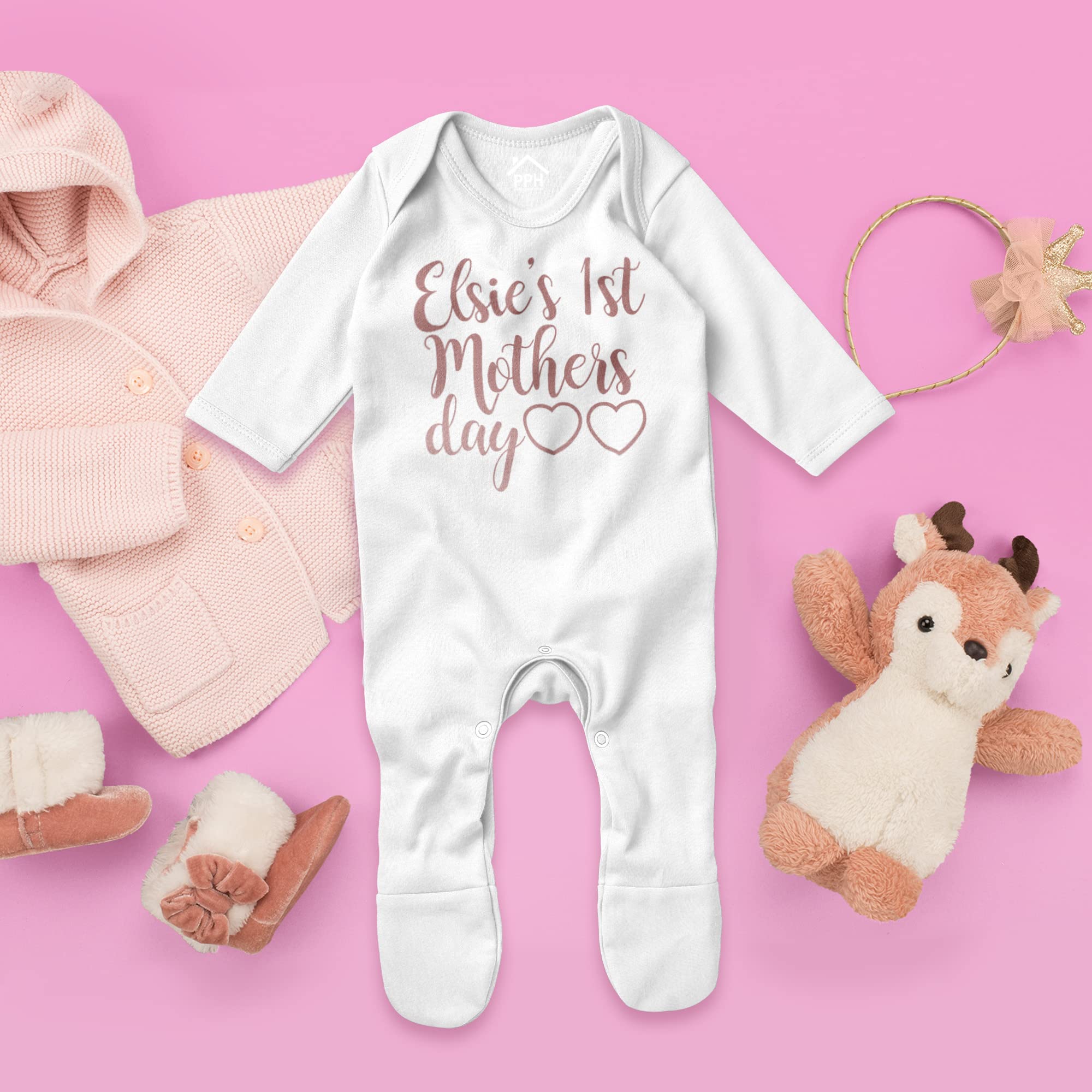 Purple Print House Rose Gold Personalised 1st Mothers Day Rompersuit Outfit Mothering Sunday Gift Mummy Babies Baby Boy Girl - Image 2