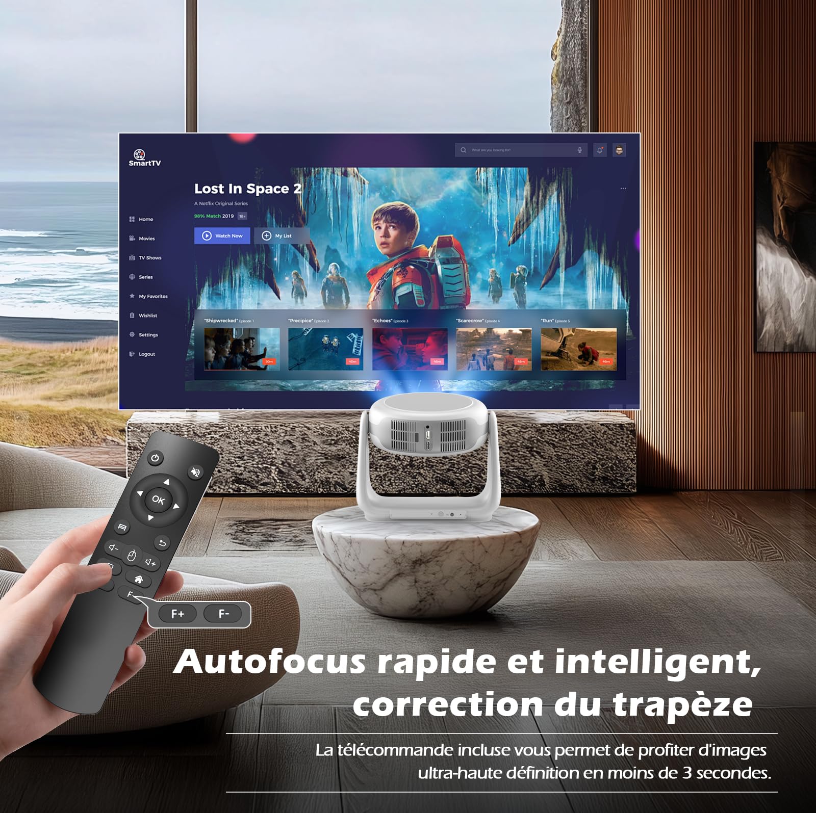 Vidéoprojecteur extérieur sans Fil avec Mise au Point Automatique et Correction du trapèze, Support vidéo Full HD 1080P et 4K avec WiFi6 Bluetooth, vidéoprojecteur pour Le cinéma à Domicile