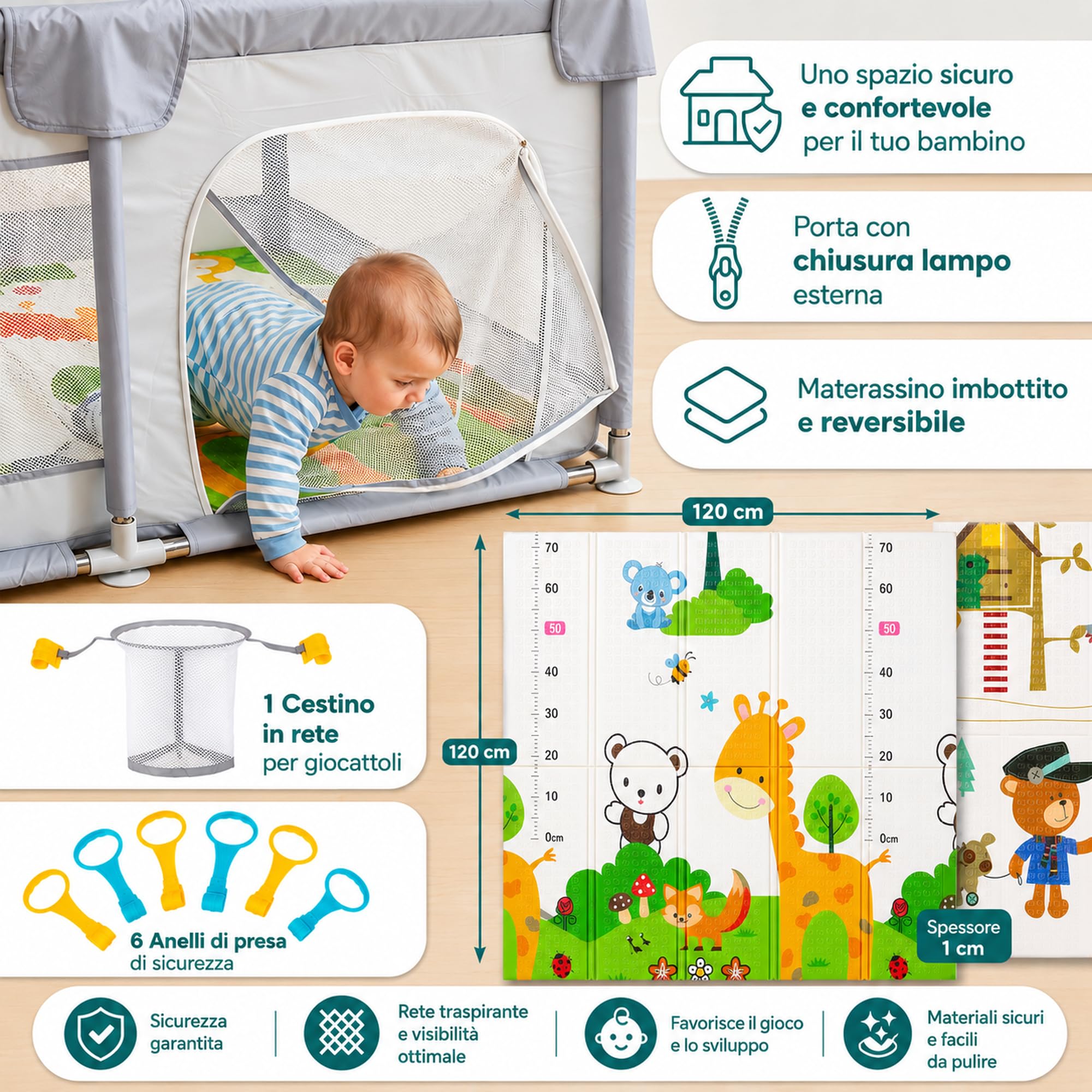 PARVULI Box per Bambini Pieghevole 120x120 cm Recinto per Bambini in Ferro Struttura Stabile, Box Neonato con Tappeto Morbido Imbottito e Rete Traspirante - Animali