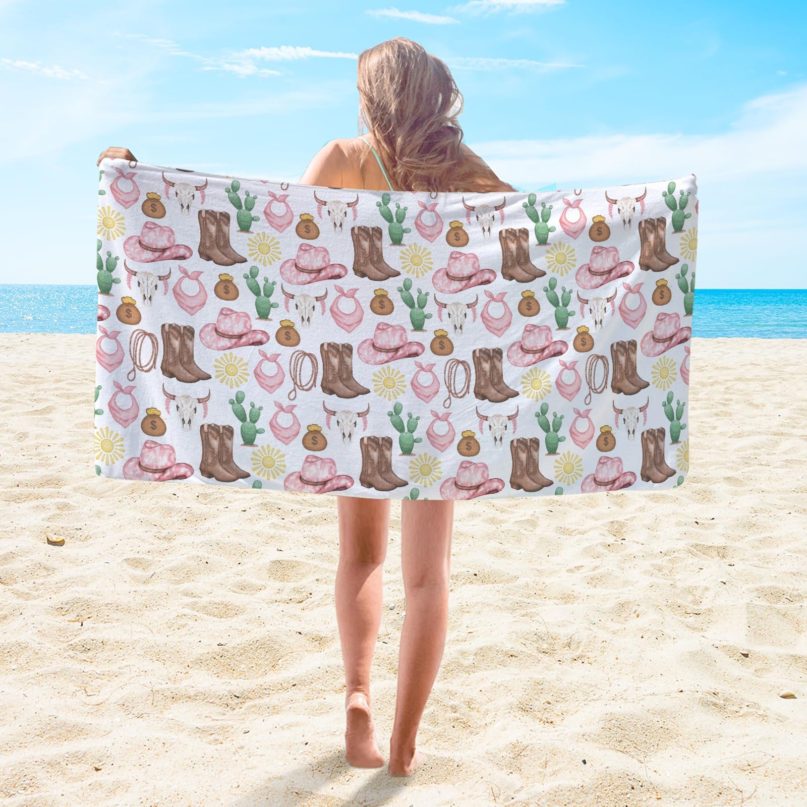 Quick Dry Beach Towels Western Cowgirl Cowboy Cactus Pool Towel for Women Girls Cowboy Hat Boots Scarf Sun Desert Towels for Travel Pool Yoga Gym