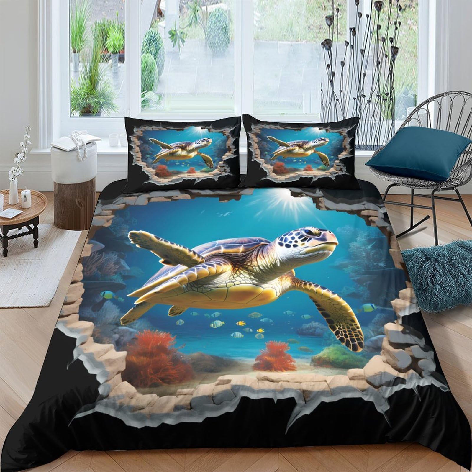 GPLZQXKJNH 3D Printed Sea Turtle Ocean Duvet Cover Microfiber Soft Breathable Coral Reef Bedding Set with 2 Pillowcases for Bedroom Decor, Single（135x200cm）