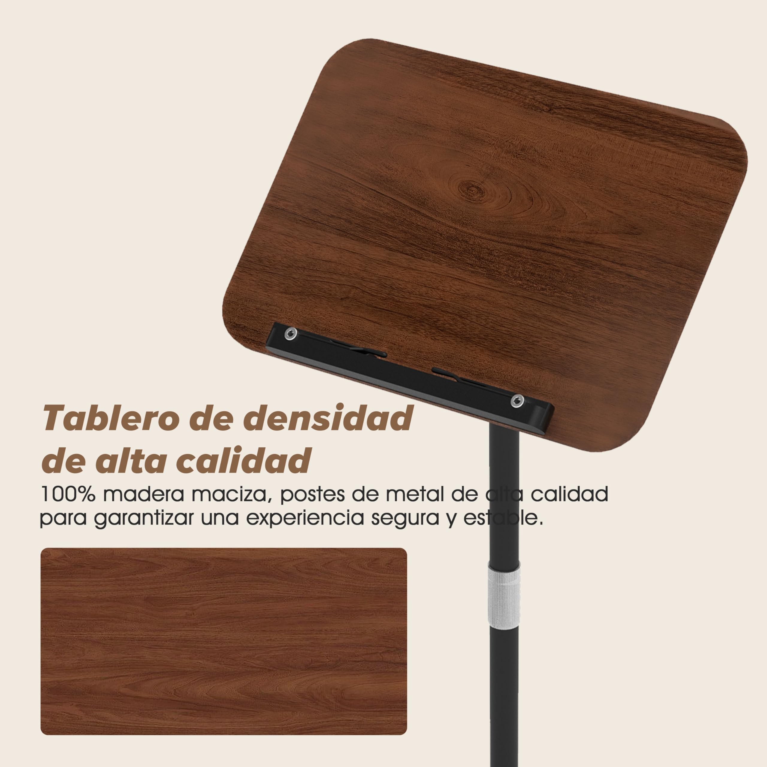 Atril ajustable 2 en 1 para lectura, doble uso, para escritorio y suelo, con bandeja y clips elásticos para partituras, recetas, tabletas y portátiles, altura ajustable de 23,5 a 52 pulgadas (Nogal)