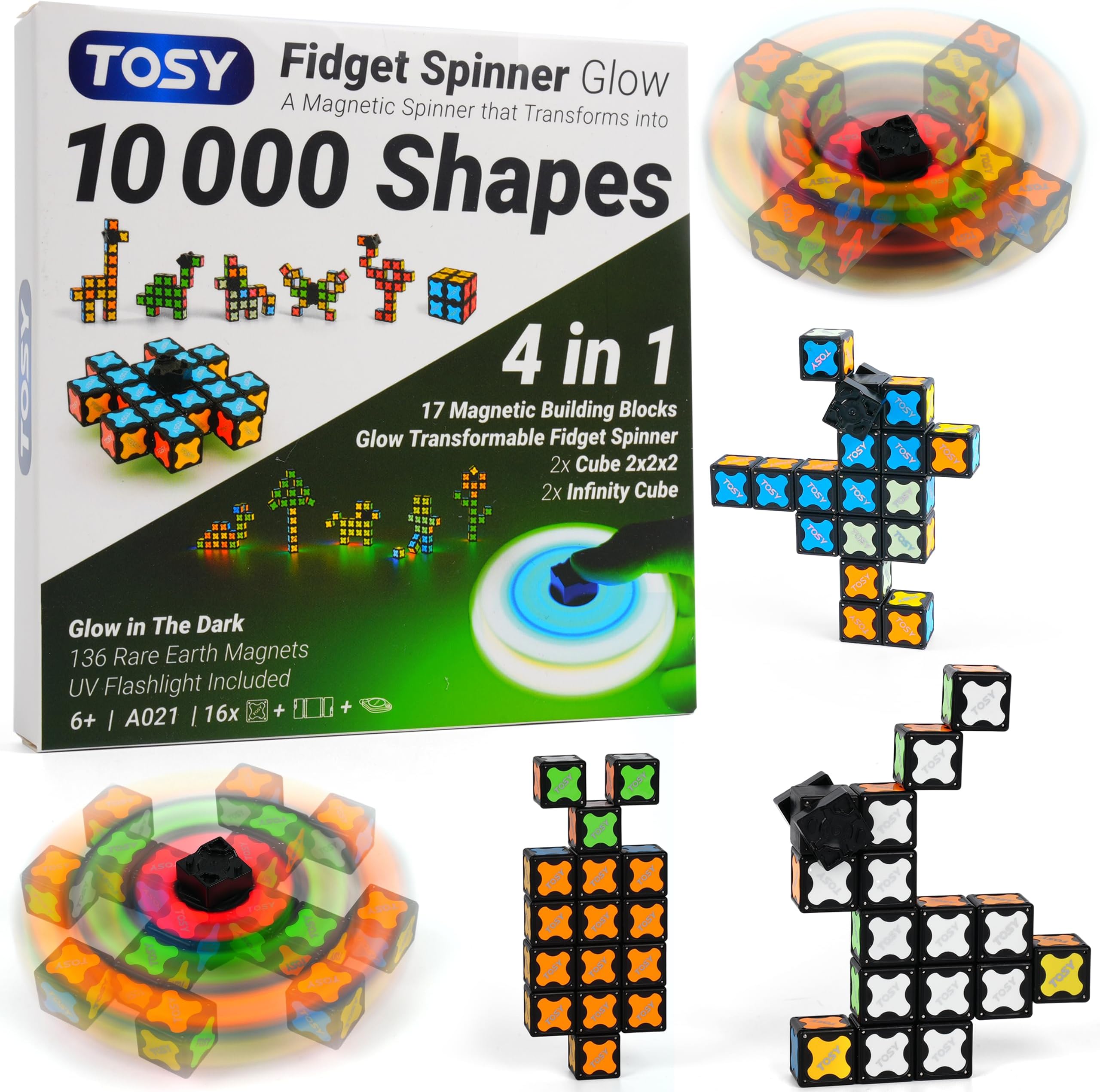 TOSY Magnet Fidget Spinner Glow - 16 blocks, 3in1 Toy: Transformable Fidget Spinner, Infinity/Puzzle Cube, Easter Birthday Gift for Kids/Adults, Glowing STEM Sensory Stress Relief