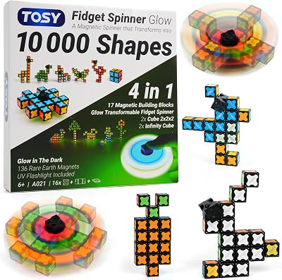 TOSY Magnet Fidget Spinner Glow – 16 Bausteine, 3-in-1: verwandelbarer Fidget-Spinner, Infinity-Würfel, 2×2 Puzzlewürfel, Leuchtend, Anti-Stress, STEM-Magnetspielzeug