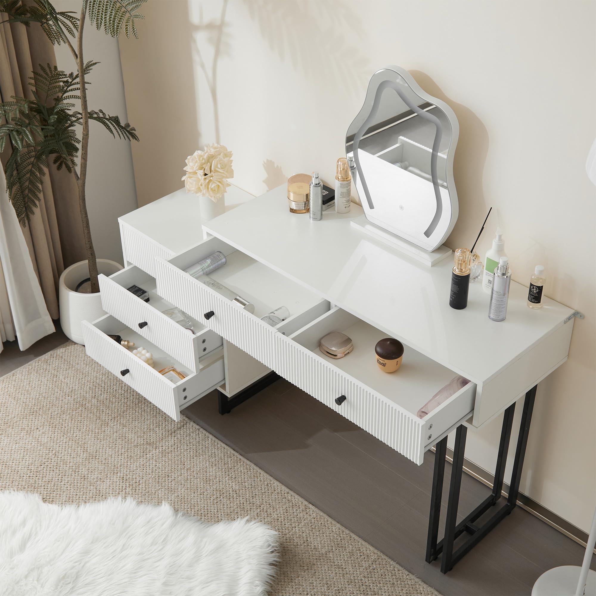 Toaletka 100 x 40 x 76 cm, biała – toaletka z lustrem LED i 5 szufladami, toaletka z funkcją ściemniania, elastyczny montaż, zabezpieczenie przed przewróceniem, do sypialni, garderoby
