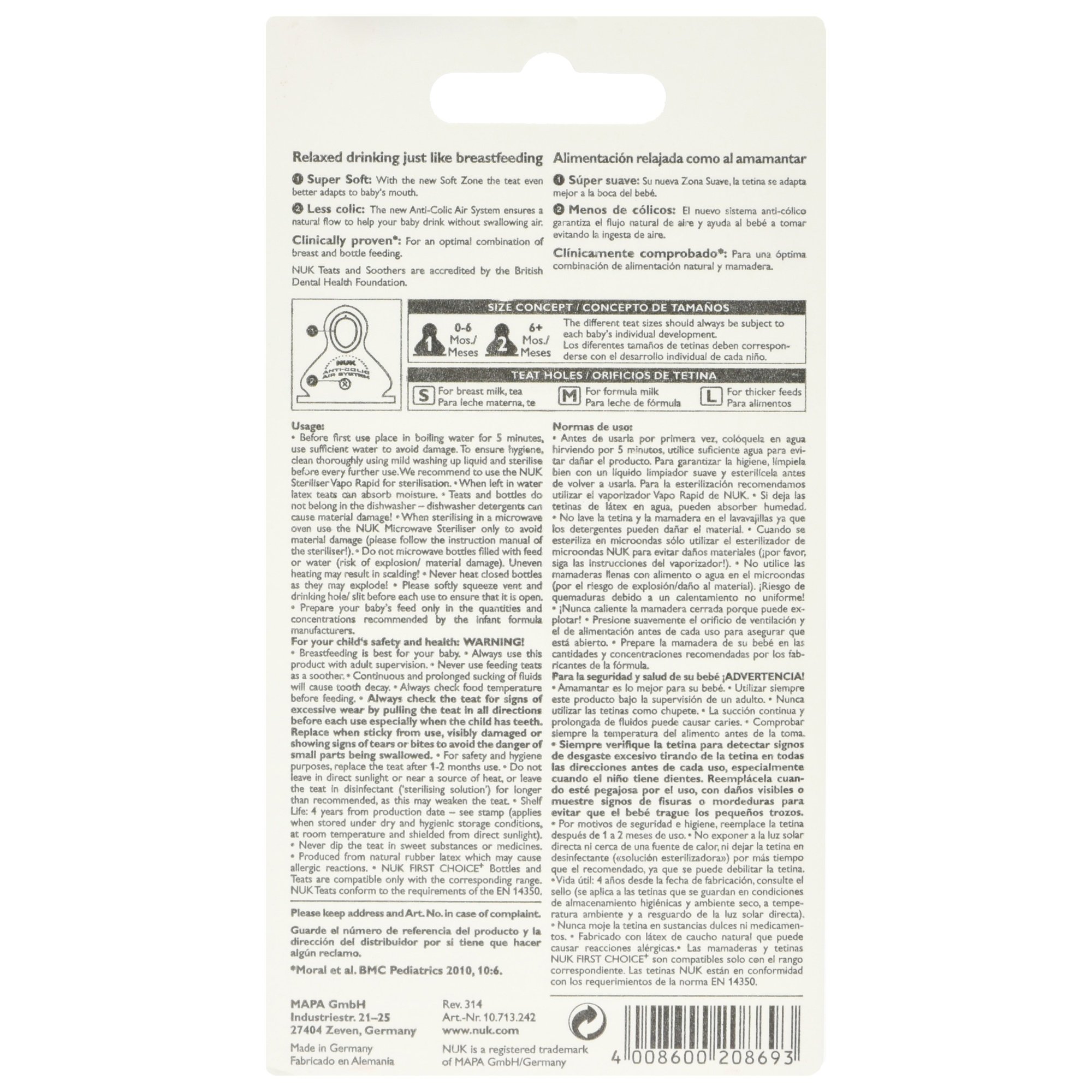 NUK First Choice latex drinkzuiger, voor een natuurlijk drinkgevoel, pijnvriendelijke vorm, grootte 1, 0-6 maanden, 2 stuks M voor melk Naturlatex