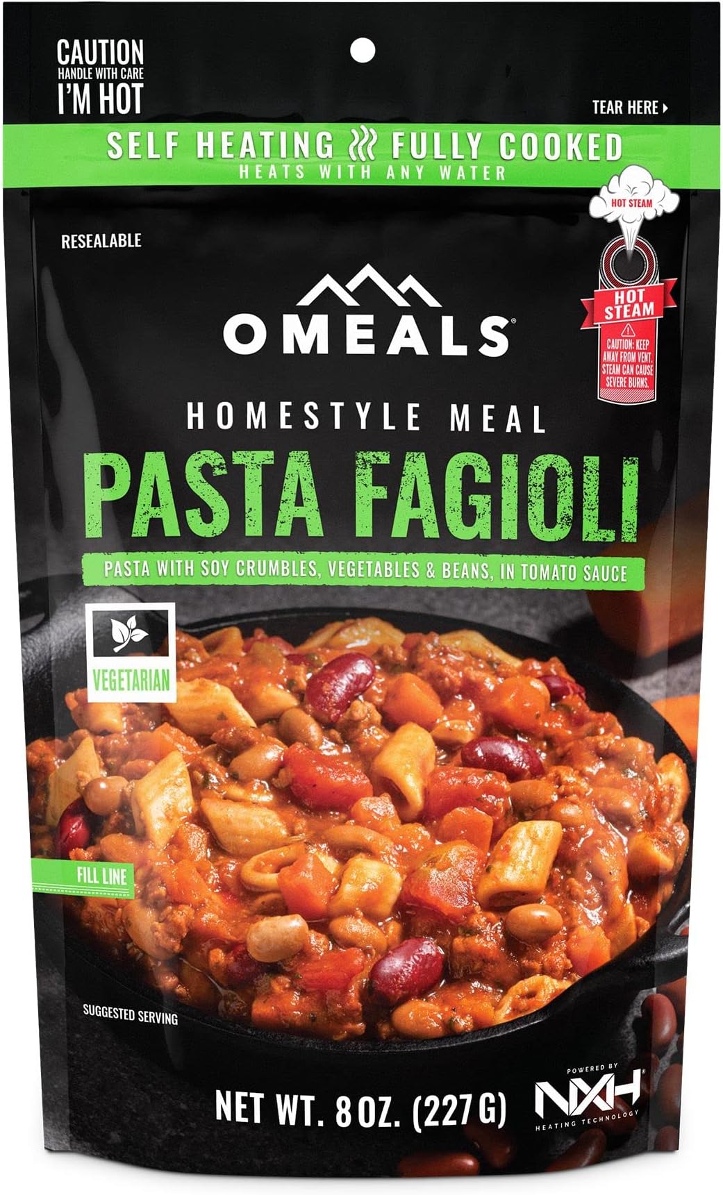 OMEALS Pasta Fagioli-Vegetarian-MRE-Extended Shelf Life-Fully Cooked w/Heater-Perfect for Outdoor Enthusiasts, Travelers, Emergency Supplies-USA Made
