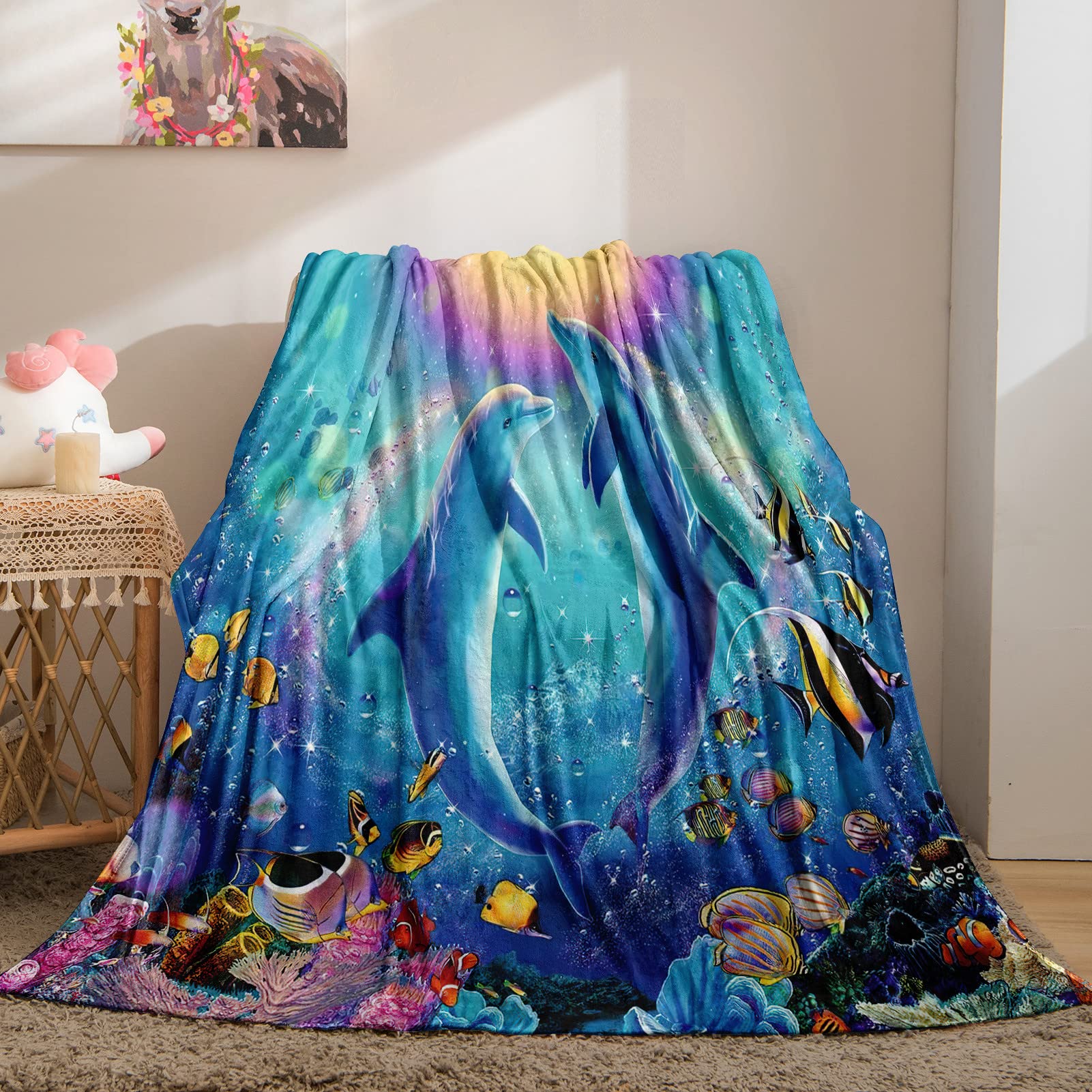 YUANZU Ocean Blanket Throw, Kids Tropical Fish Dolphin Underwater Sea World Pattern Soft Cozy Flannel Baby Blanket, Warm Lightweight Plush Throw Couch Sofa Bed Cover, Gifts for Nursery 50x60 inch