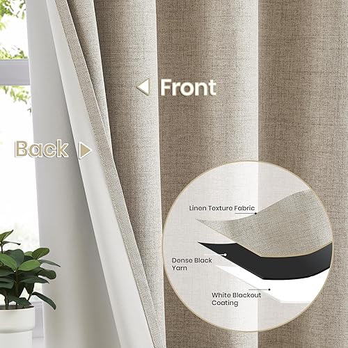 Miniatura 2 de Melodieux Juego de 2 paneles de cortinas opacas de lino beige de 84 pulgadas de largo, cortinas de bloqueo de luz con aislamiento térmico con ojales