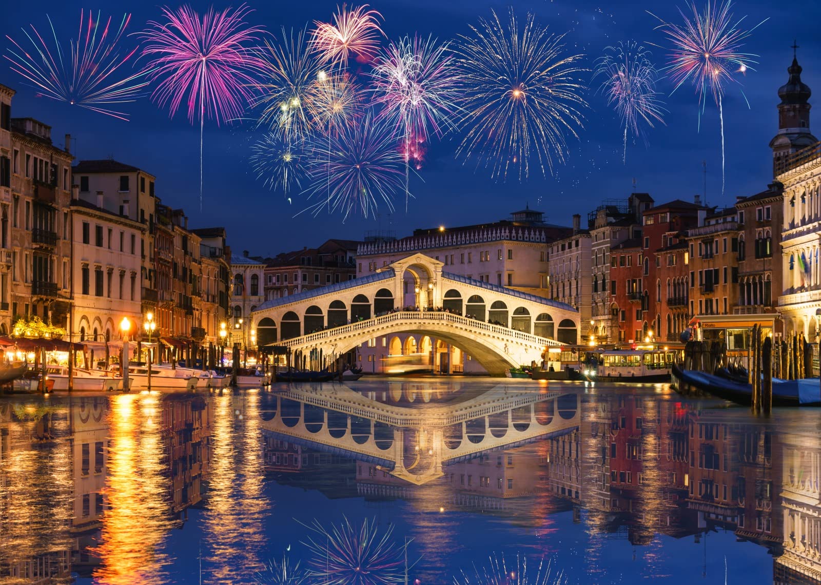 BELECO 7x5ft Fabric Venice Italy Night Backdrop Colorful Fireworks Rialto Bridge and Garde Canal Background Festival Celebration Christmas New Year