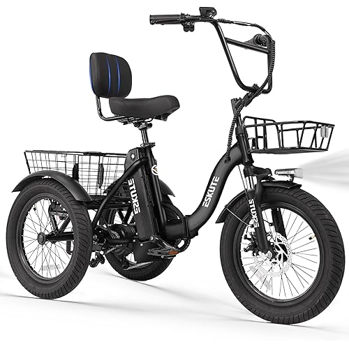 ESKUTE E Trike Electric Bike, Peak 1200W Brushless Motor Folding Trike 18X3.0 Fat Tire Ebike, 499Wh Removable Battery, Step-Thru 3 Wheel Electric Bicycle, Up to 55 Miles, 18MPH+ Tricycle for Adults