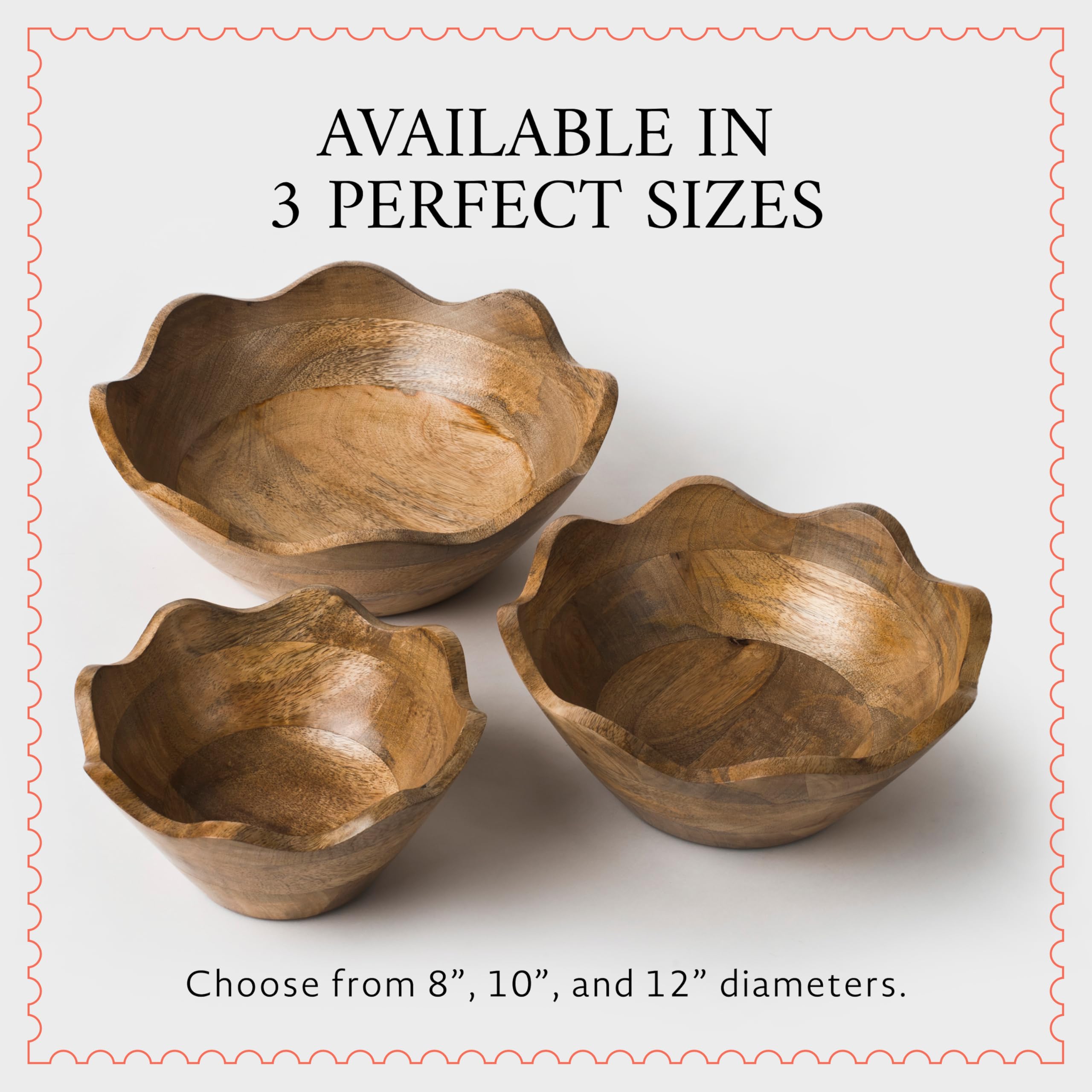 Mela Artisans Cuenco festoneado de madera, mediano, estilo decorativo con volantes, decoración rústica de cocina, madera de mango, acabado de grano natural, se adapta a pan, frutas, ensalada o