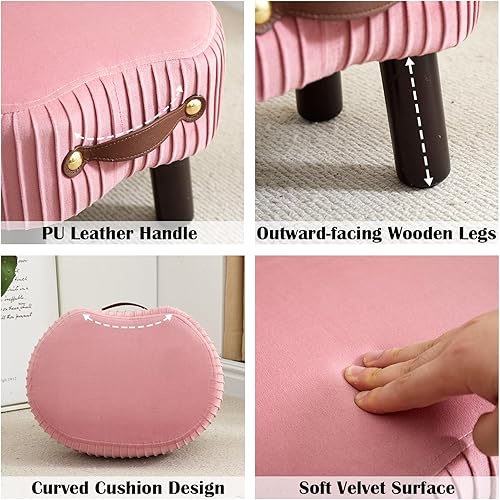 Miniatura 4 de Reposapiés pequeño con asa, reposapiés otomano de terciopelo con asiento acolchado, taburete curvado con patas de madera, reposapiés portátil para