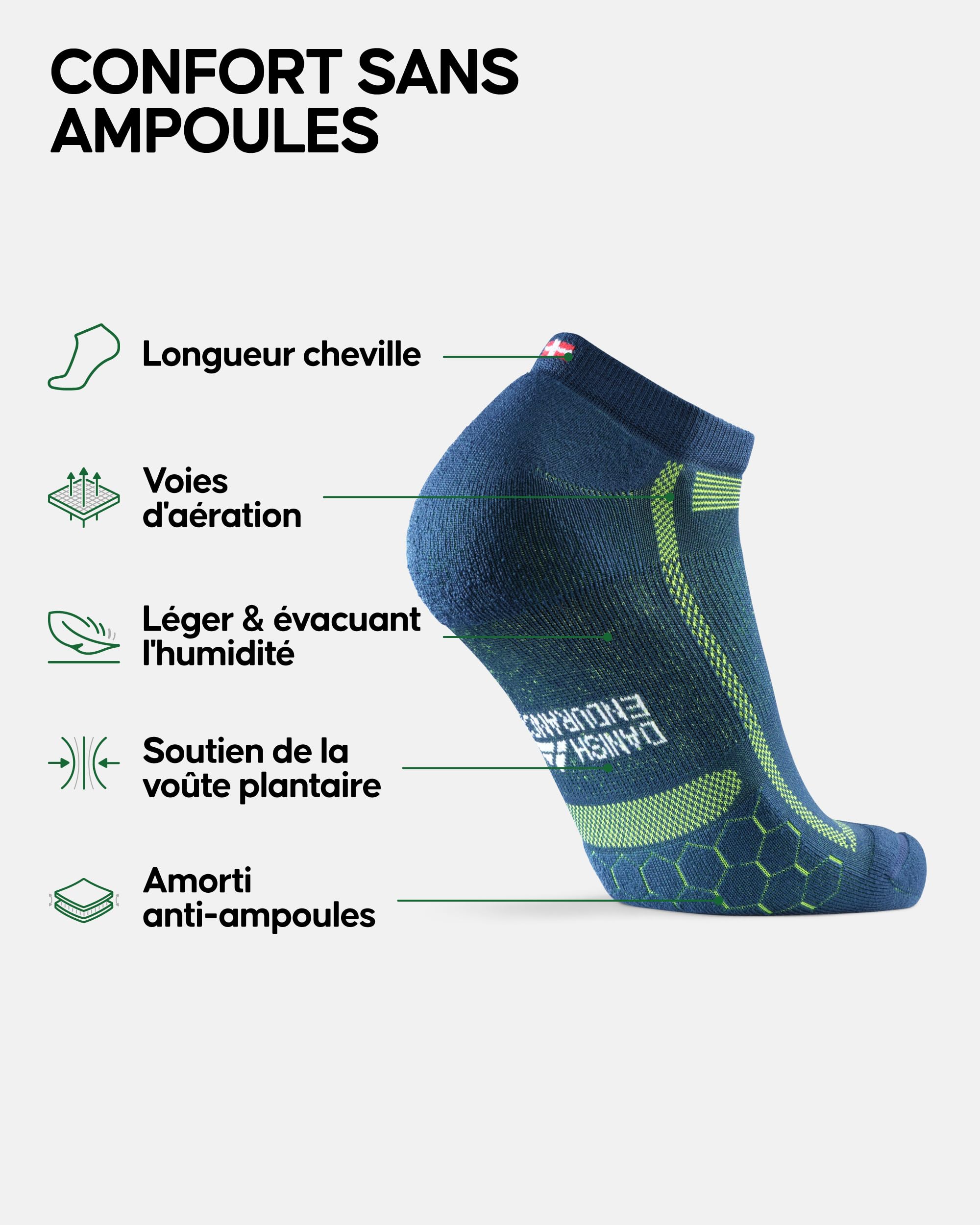 DANISH ENDURANCE Chaussettes Courtes de Running Longue Distance, Anti-Ampoules et Respirantes, Unisexe, Homme et Femme, Lot de 3 ou 5