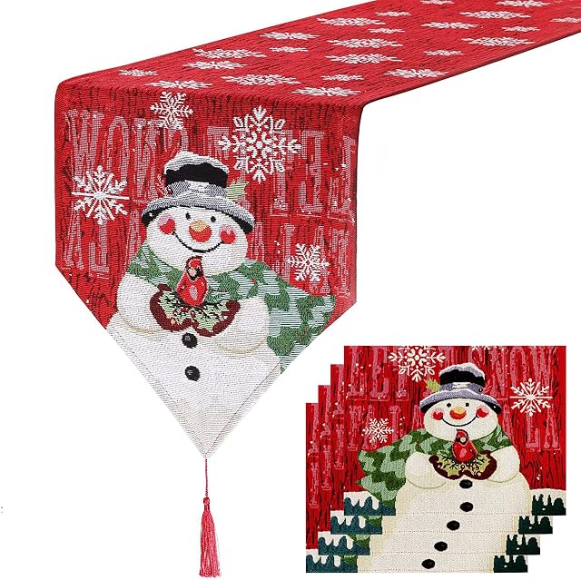 Christmas Place Mats Table Runners Embroidered Set Christmas Snowman Tablecloth Christmas Decorations for Table Mats (Table Runner(1+4))