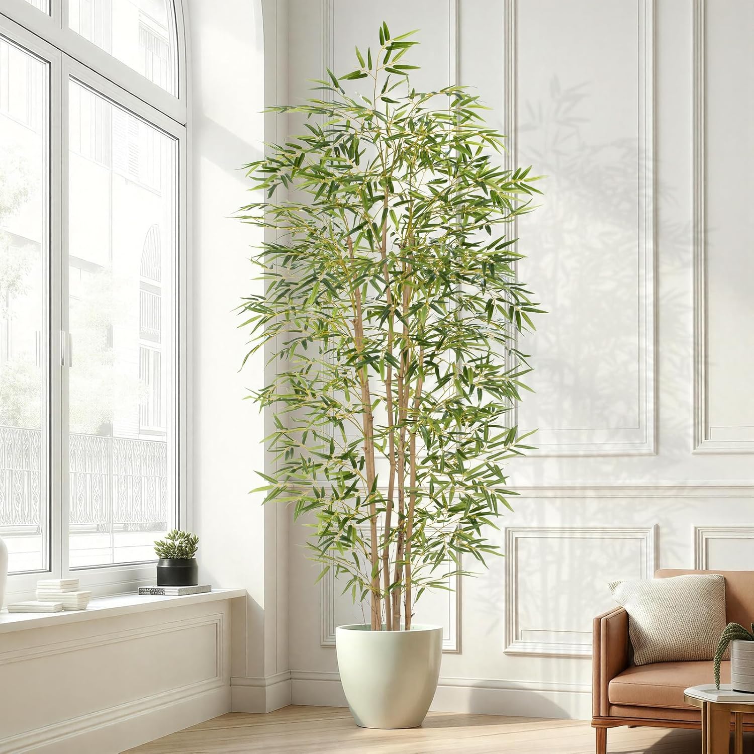 Artificial Bamboo Tree, Fake Bamboo Plant 7FT Tall with 6 Natural Real Bamboo Trunks, Artificial Tree Indoor Decor Faux Silk Tree for Home Office Living Room Modern Decor