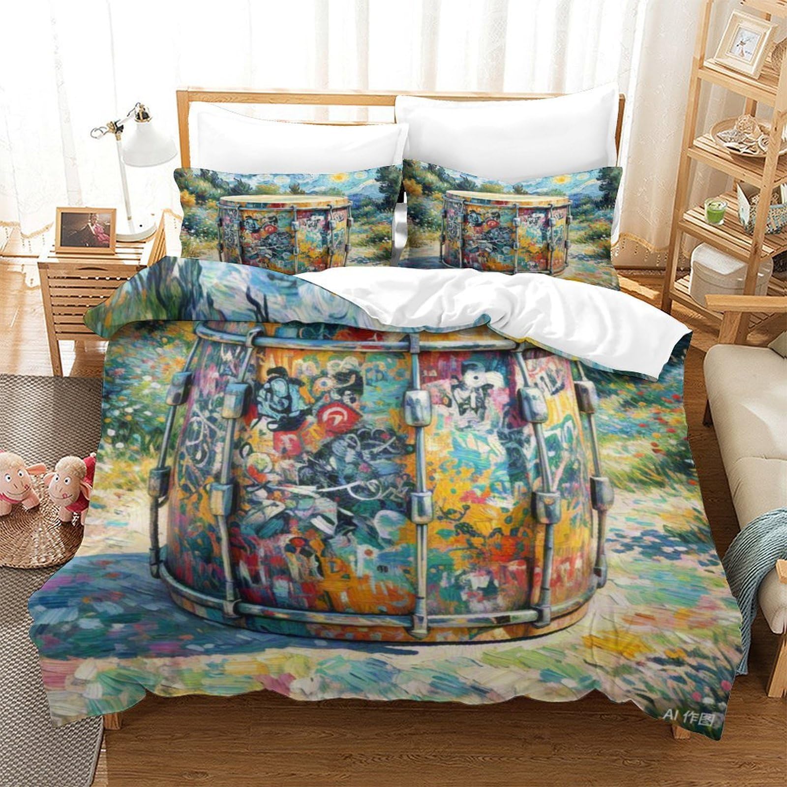 Housse de couette 140x200cm zippée motif tambour pour lit simple enfant facile à border