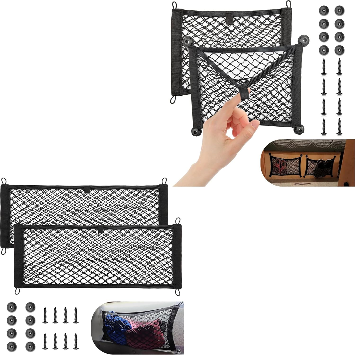 RED WOLF 2 Pcs Universal Cargo Net Pocket Elastic Mesh Netting Car Mesh Pouch for Trunk RV Boats Home Cargo Storage Mesh 23.6'' x 9.8'' w/2 Layer Small Mesh Cargo Net Elastic Storage Netting 14"x10"