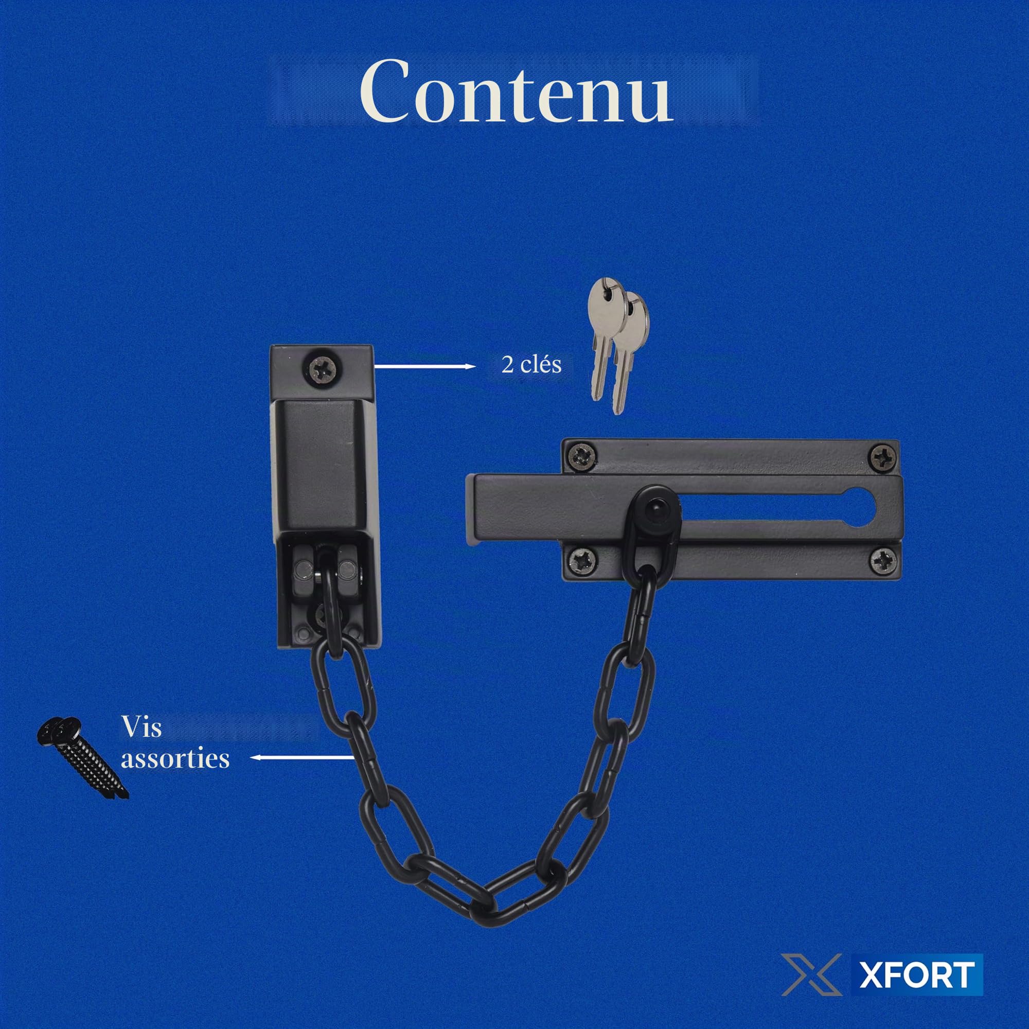 Chaîne de verrouillage de porte XFORT en laiton poli, chaîne de sécurité pour porte avant avec mécanisme de déverrouillage par clé externe.