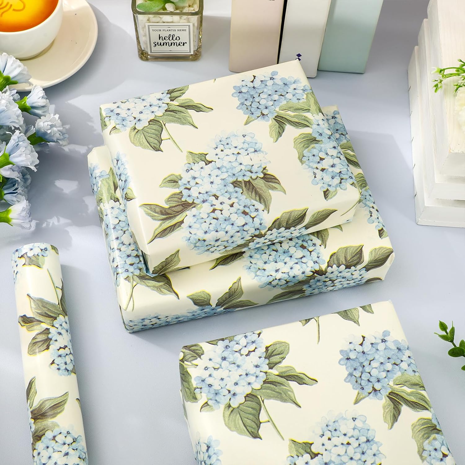 JarThenaAMCS Hydrangea Wrapping Paper - Mini Roll - 17 Inch x 16.4 Ft Blue Floral Gift Wrap Paper for Spring Birthday Baby Shower Wedding Party DIY Crafts - Image 4