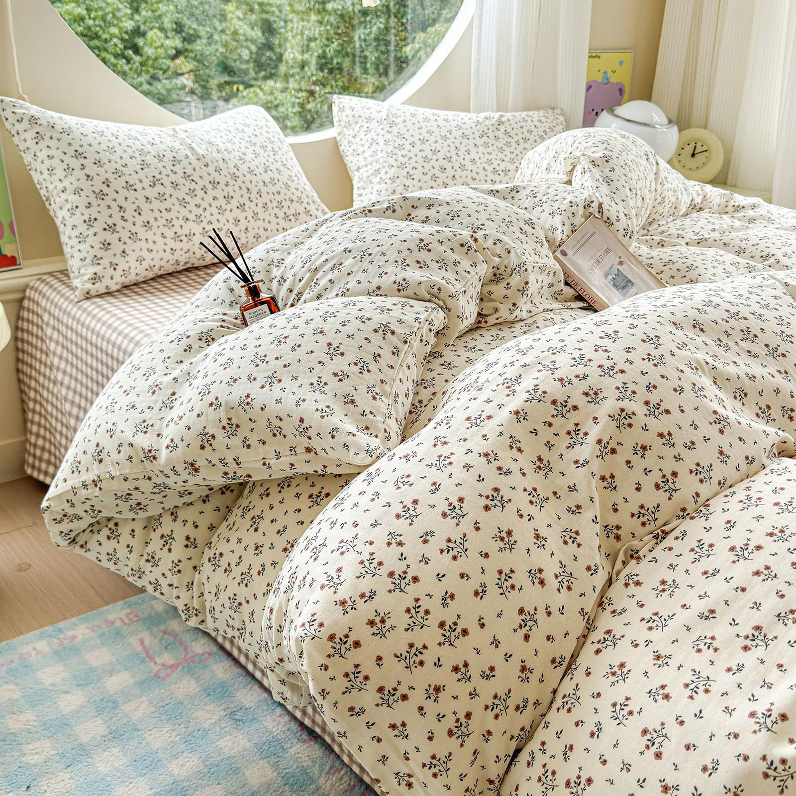 HighBuy Vintage Floral Duvet Cover Queen Linen Cotton