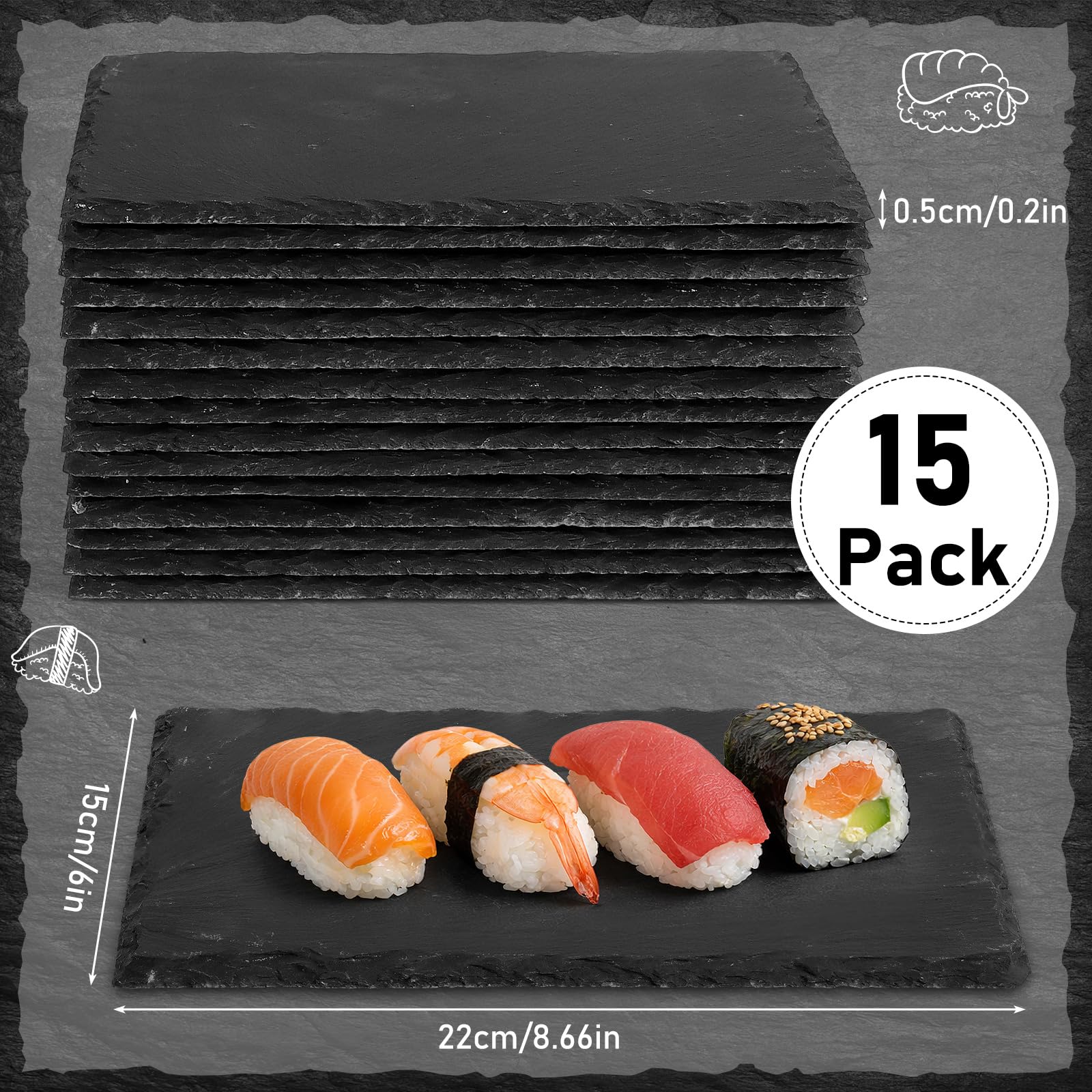 Juego de 15 placas de pizarra de 22 x 15 cm, rectangulares de piedra natural, placas de piedra negra para tapas de queso y filetes, platos de pizarra rústicos