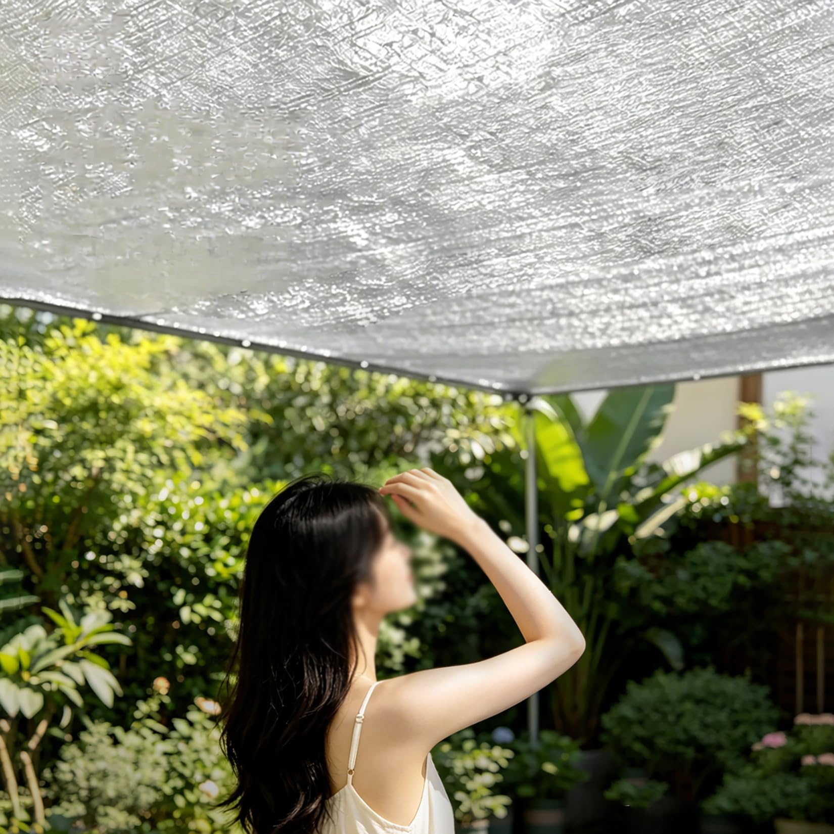 4x10m Malla Sombra Aluminio Reflectante 90% con Ojales Cada 50cm, Lona Parasol Plateada Anti UV para Terraza, Balcón, Pérgola, Invernadero, Aparcamiento y Jardín Exterior
