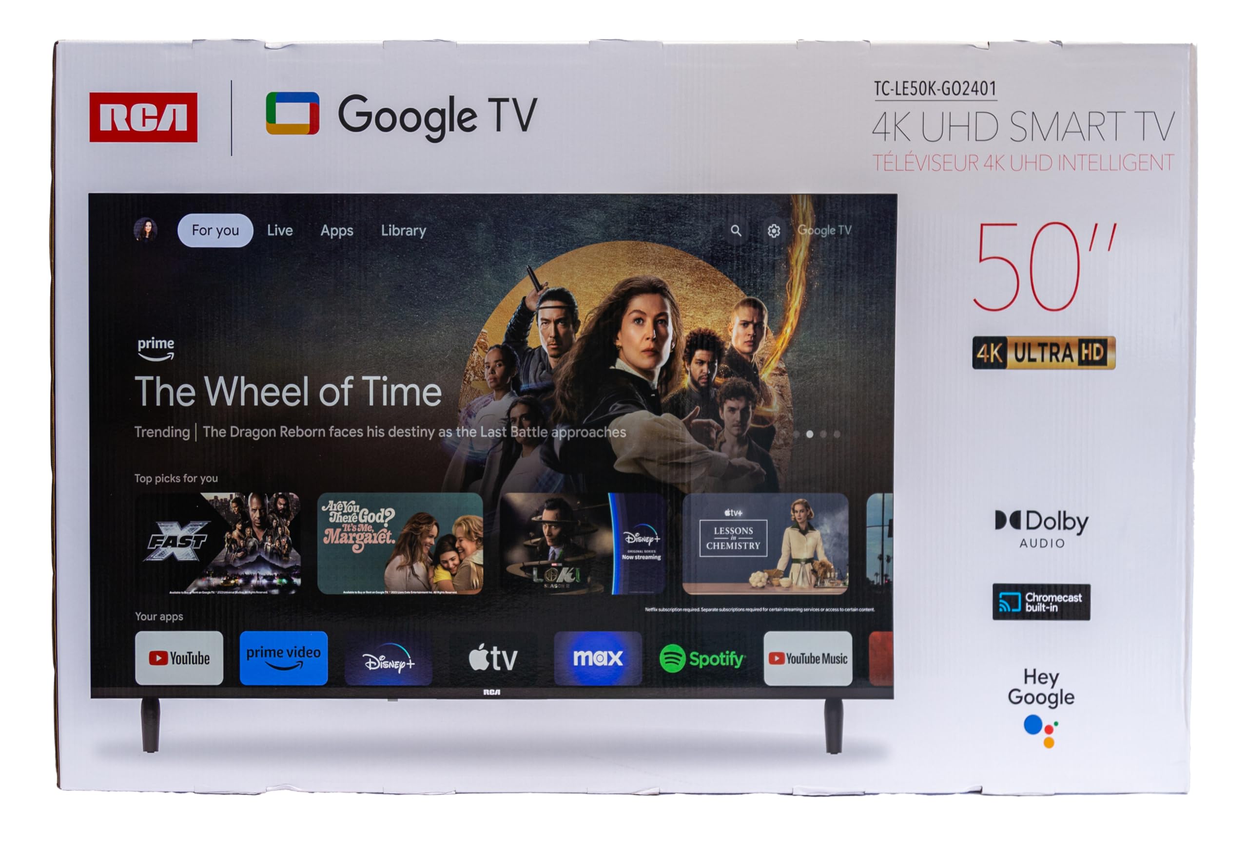 RCA 50-Inch UHD Smart Google TV, Frameless LED Display with HDR10, Wi-Fi and Bluetooth, Google Assistant Built-in, Compatible with Alexa