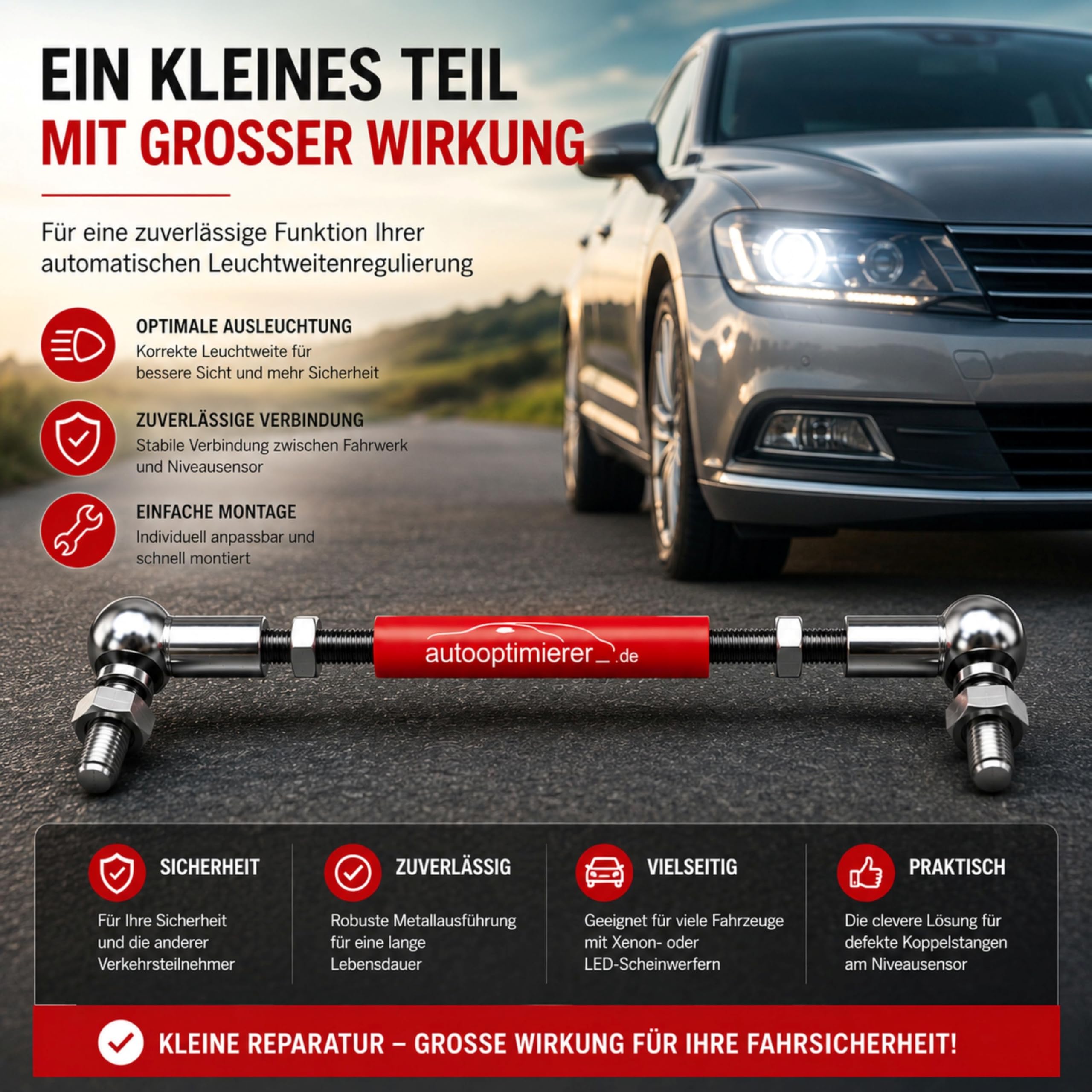 autooptimierer Xenon Reparatursatz Universal – Koppelstange für Leuchtweitenregulierung – Niveausensor M6 einstellbar – Reparaturset für Scheinwerfer-Höhenregulierung